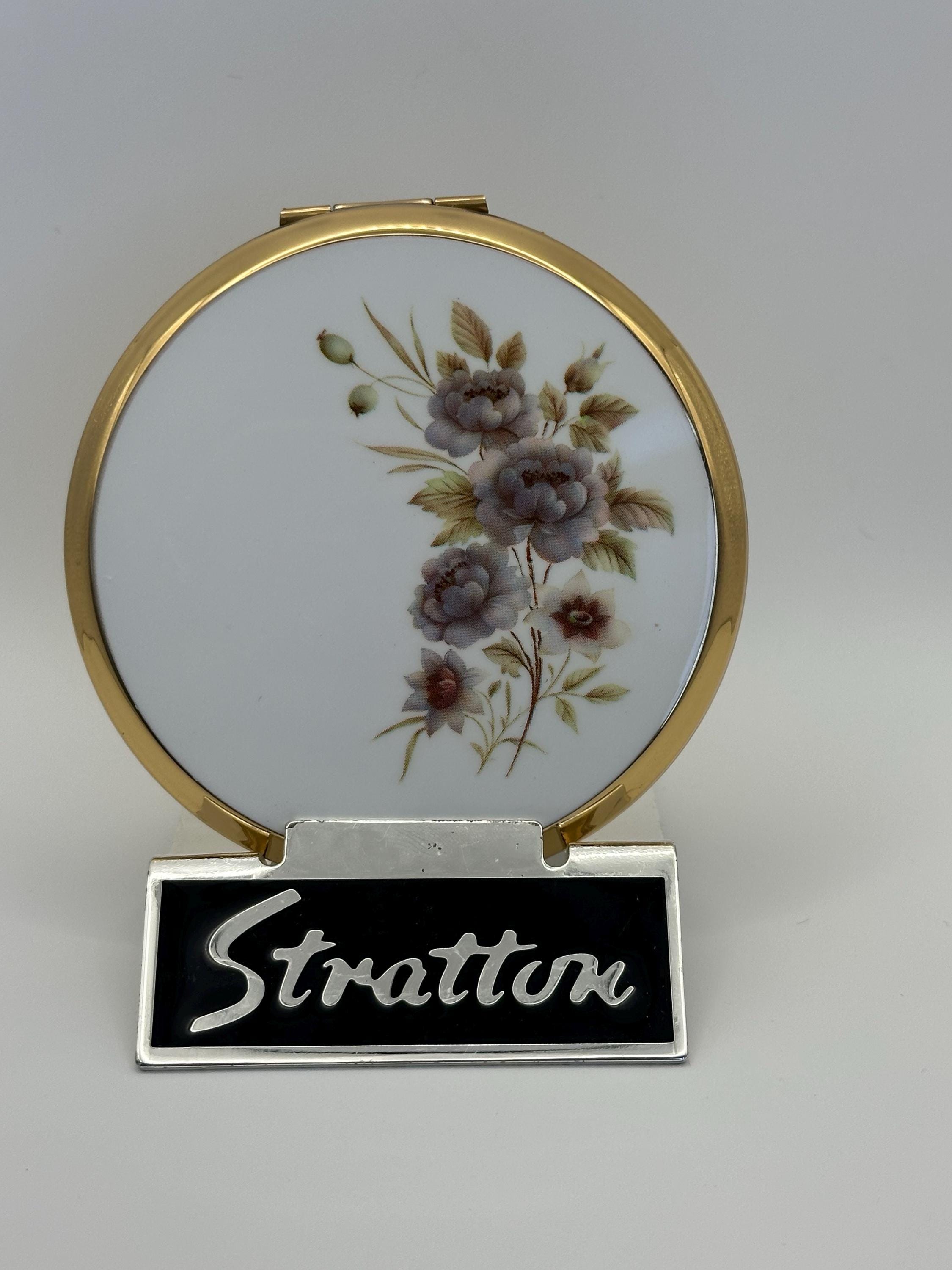 Vintage Stratton Powder Compact: Gold Tone, Floral Enamel Lid
