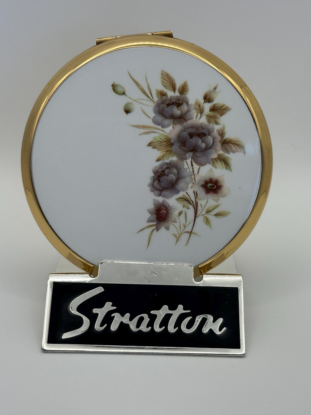 Vintage Stratton Powder Compact: Gold Tone, Floral Enamel Lid