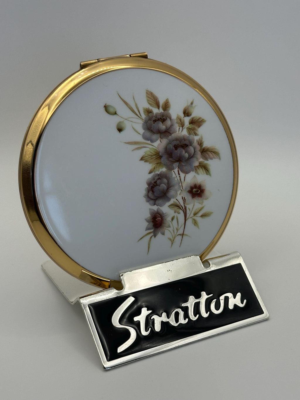 Vintage Stratton Powder Compact: Gold Tone, Floral Enamel Lid