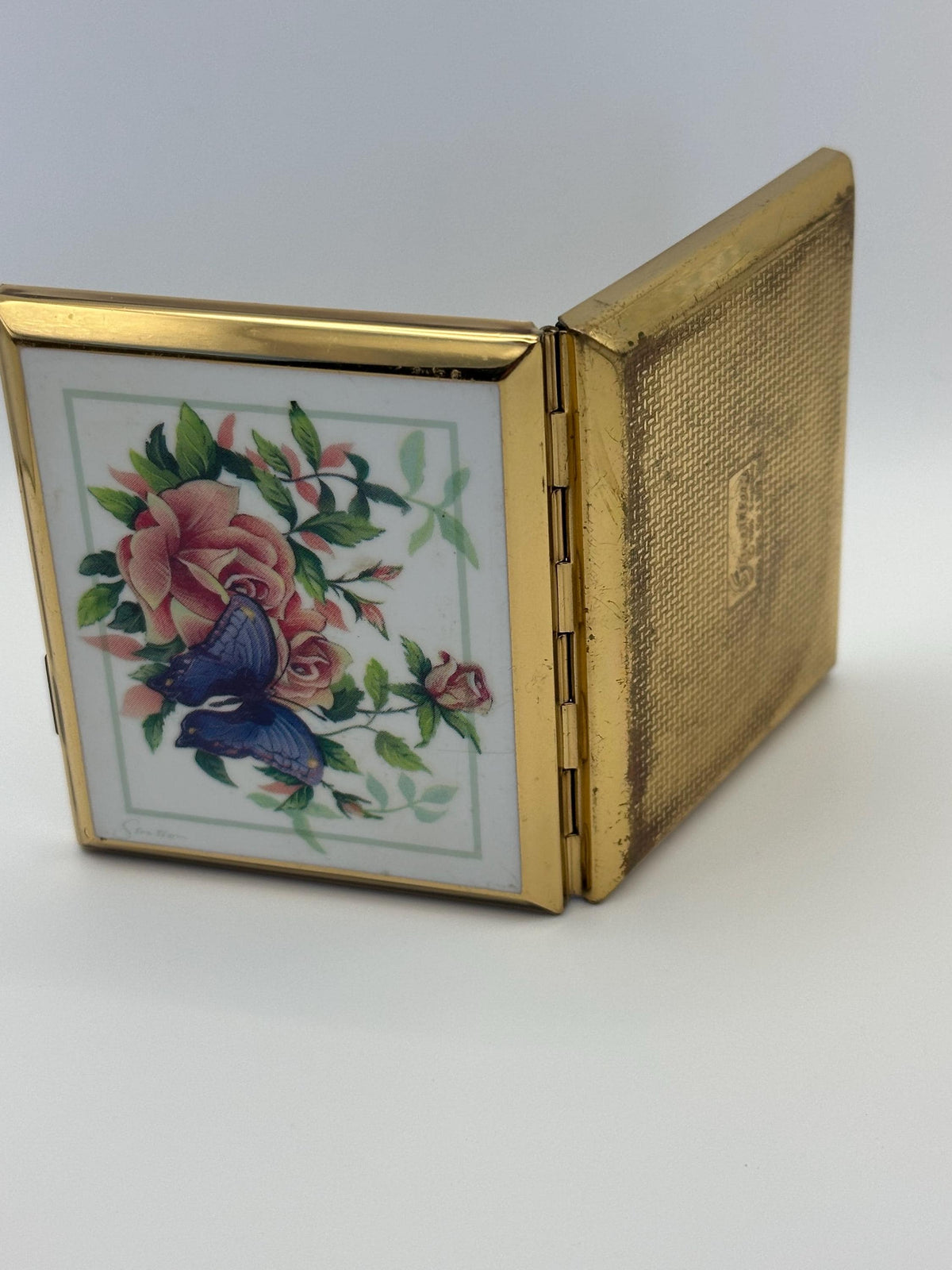 1986 Stratton Sewing Kit: Enamel Rose and Butterfly Lid, Made in England