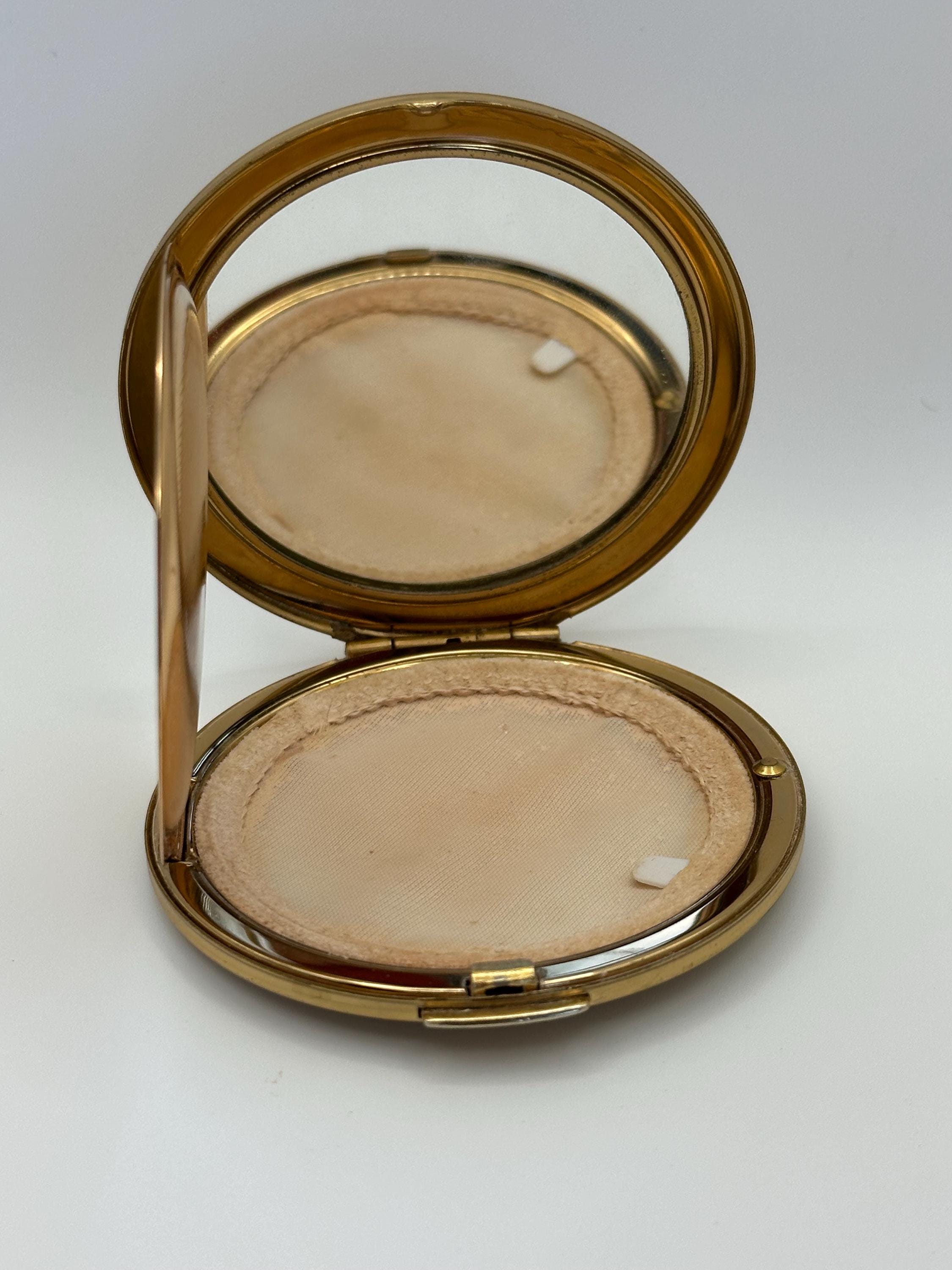 Vintage Stratton Powder Compact Gold-Tone Pink Floral Enamel Lid, Made in England