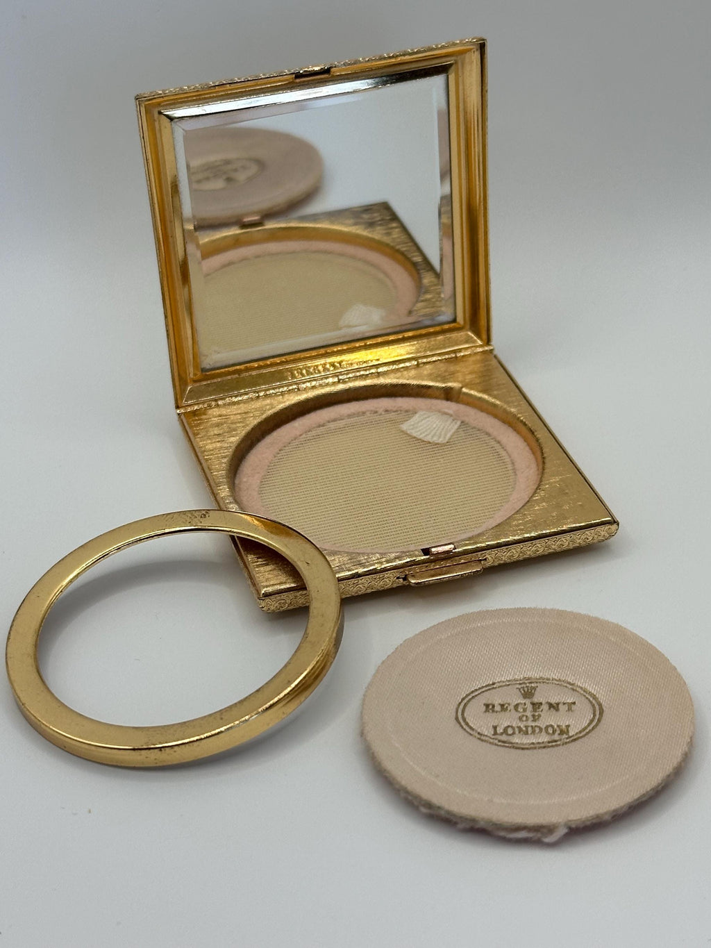 Mint Regent of London Petit-Point Powder Compact: 1950s Gold Vanity, Boxed