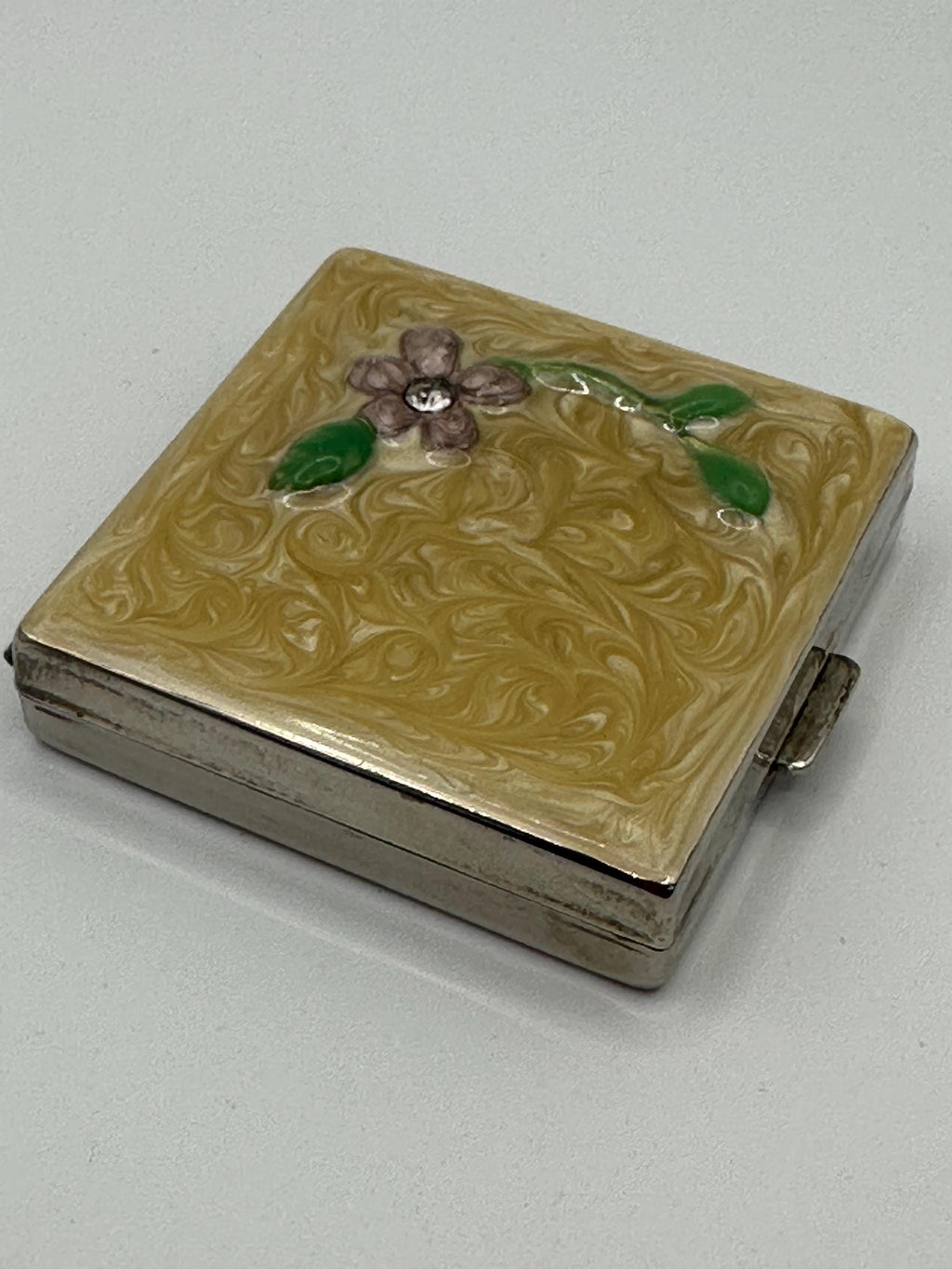 Vintage Marbled Celluloid Compact Mirror: Floral Appliqué, Magnifying, 1930s-50s