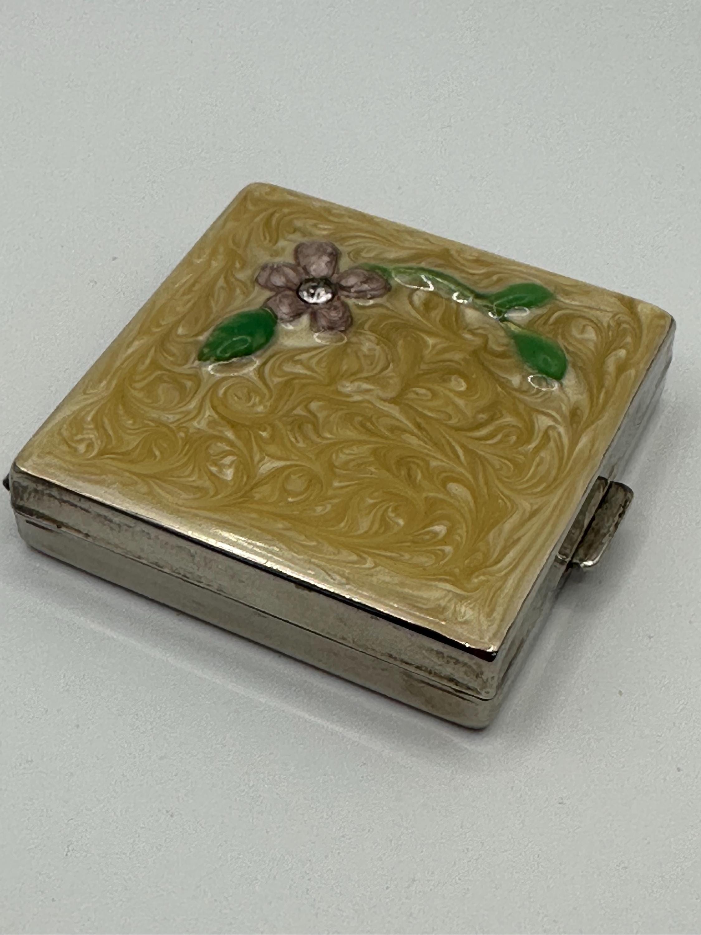 Vintage Marbled Celluloid Compact Mirror: Floral Appliqué, Magnifying, 1930s-50s