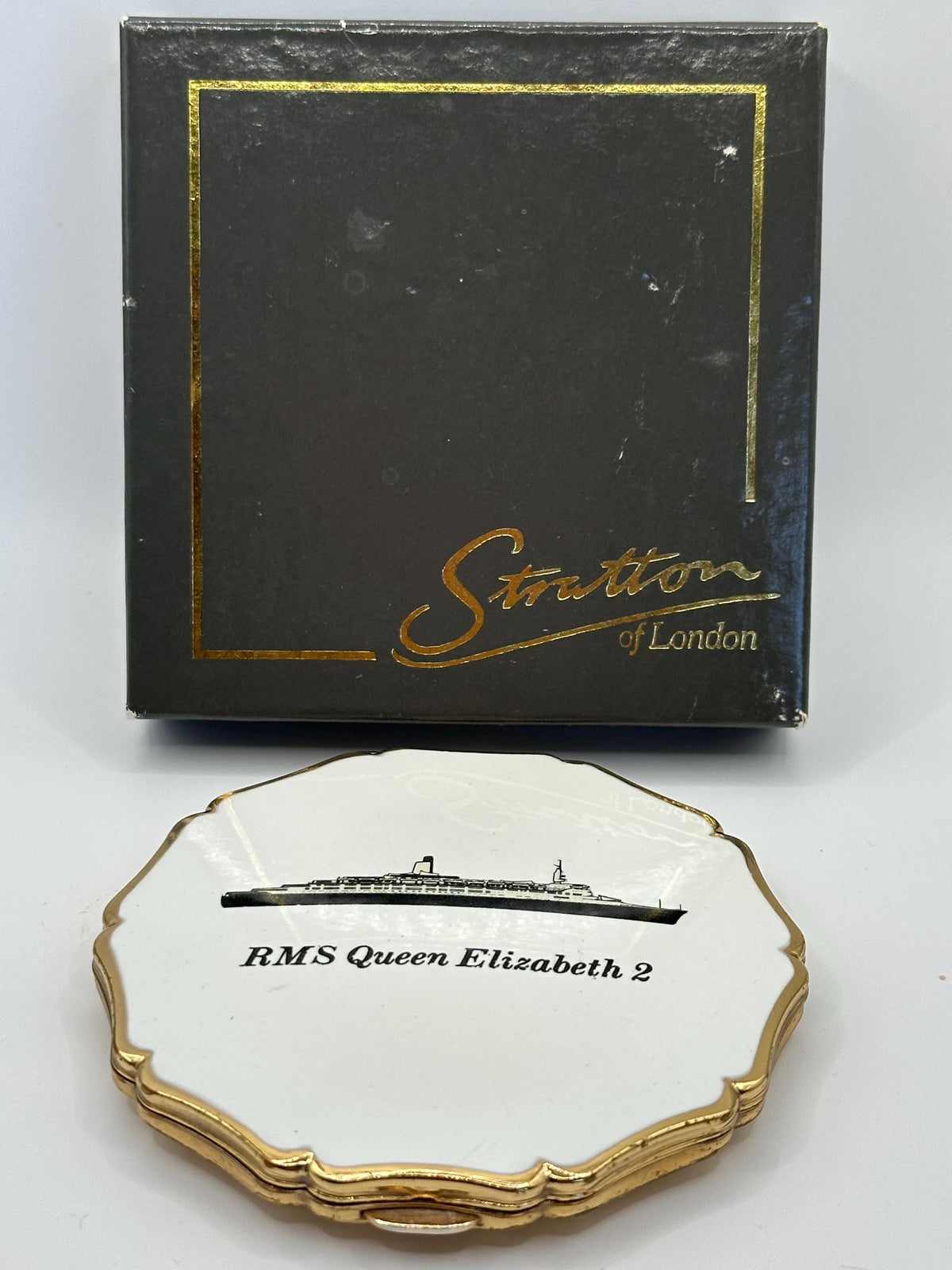 Vintage Stratton QE2 Powder Compact - Gold-Tone Enamel, Boxed, c.1970s