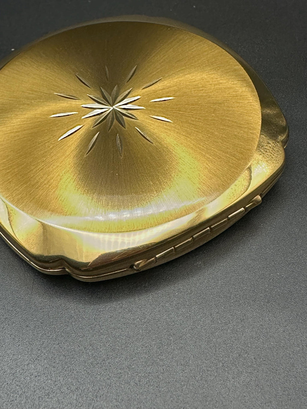 Vintage Kigu Powder Compact: Gold Guilloché Starburst, Original Pouch