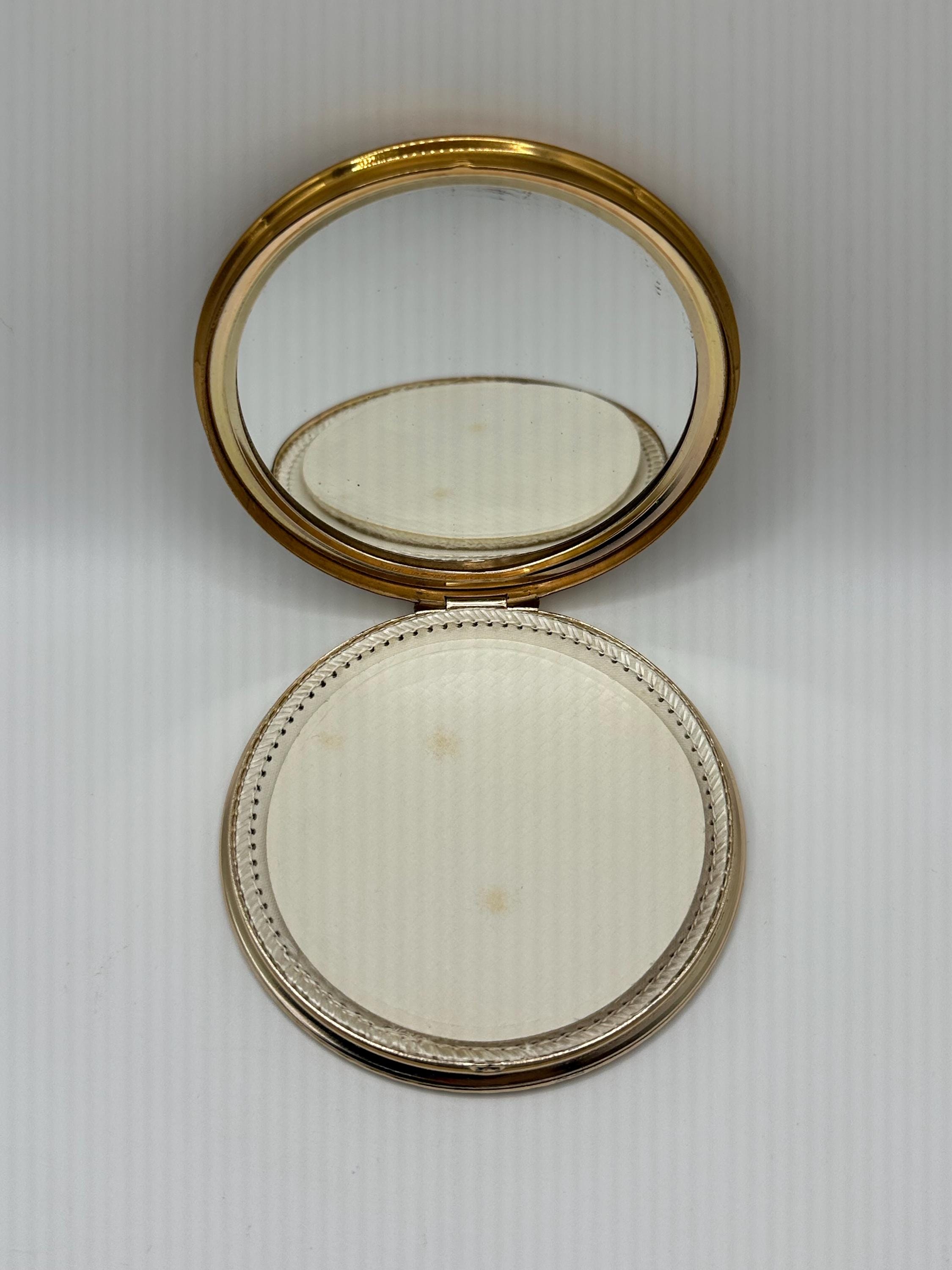 Vintage Mascot Vanity Set, Two Tone Engine-Turned Powder Compact, Lipstick Holder & Patterned Comb