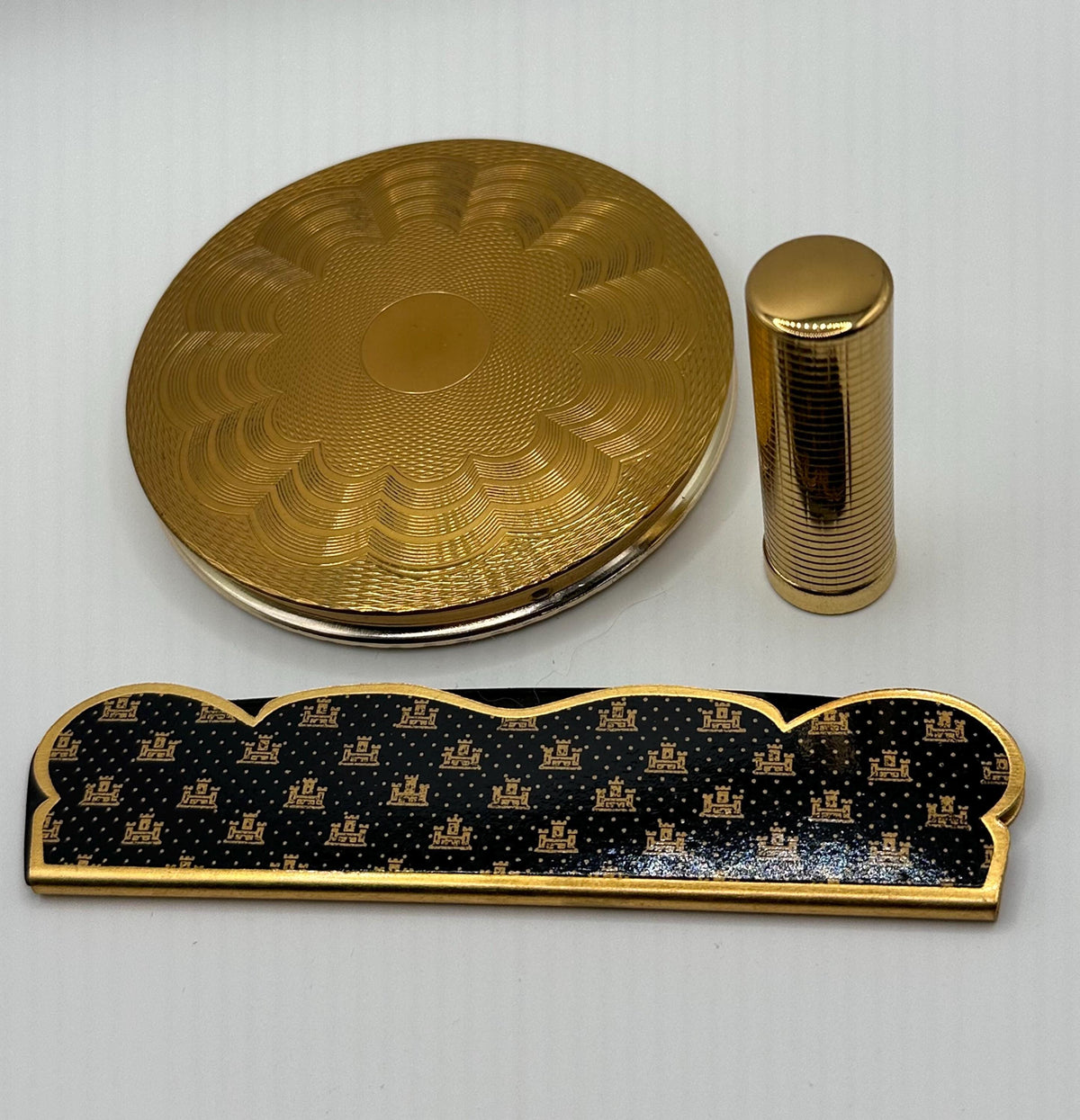 Vintage Mascot Vanity Set, Two Tone Engine-Turned Powder Compact, Lipstick Holder & Patterned Comb