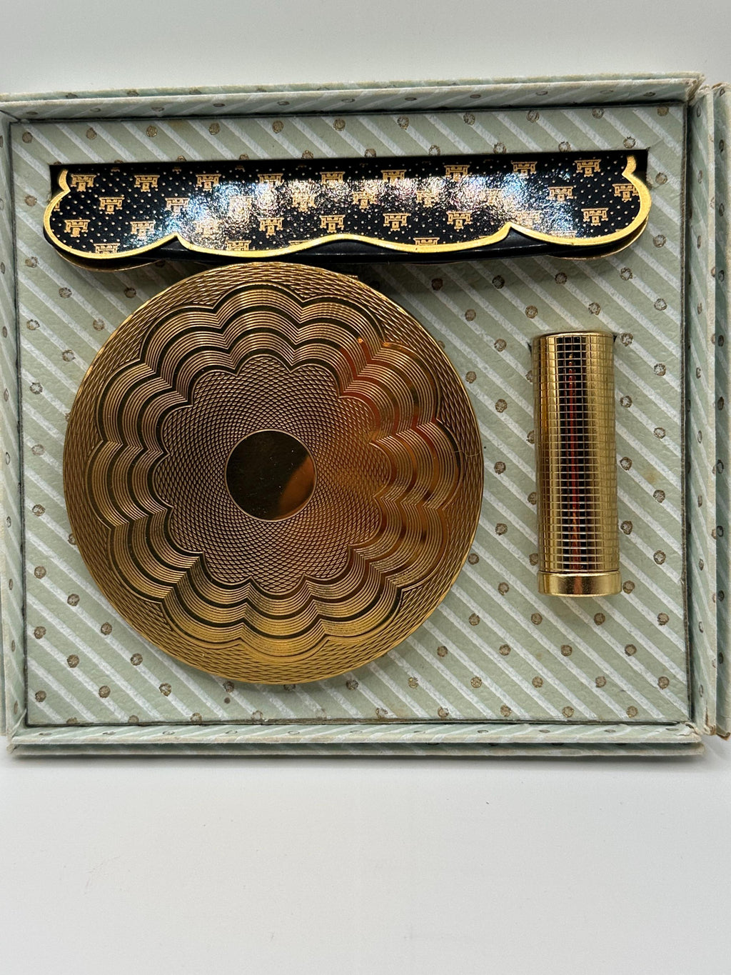 Vintage Mascot Vanity Set, Two Tone Engine-Turned Powder Compact, Lipstick Holder & Patterned Comb