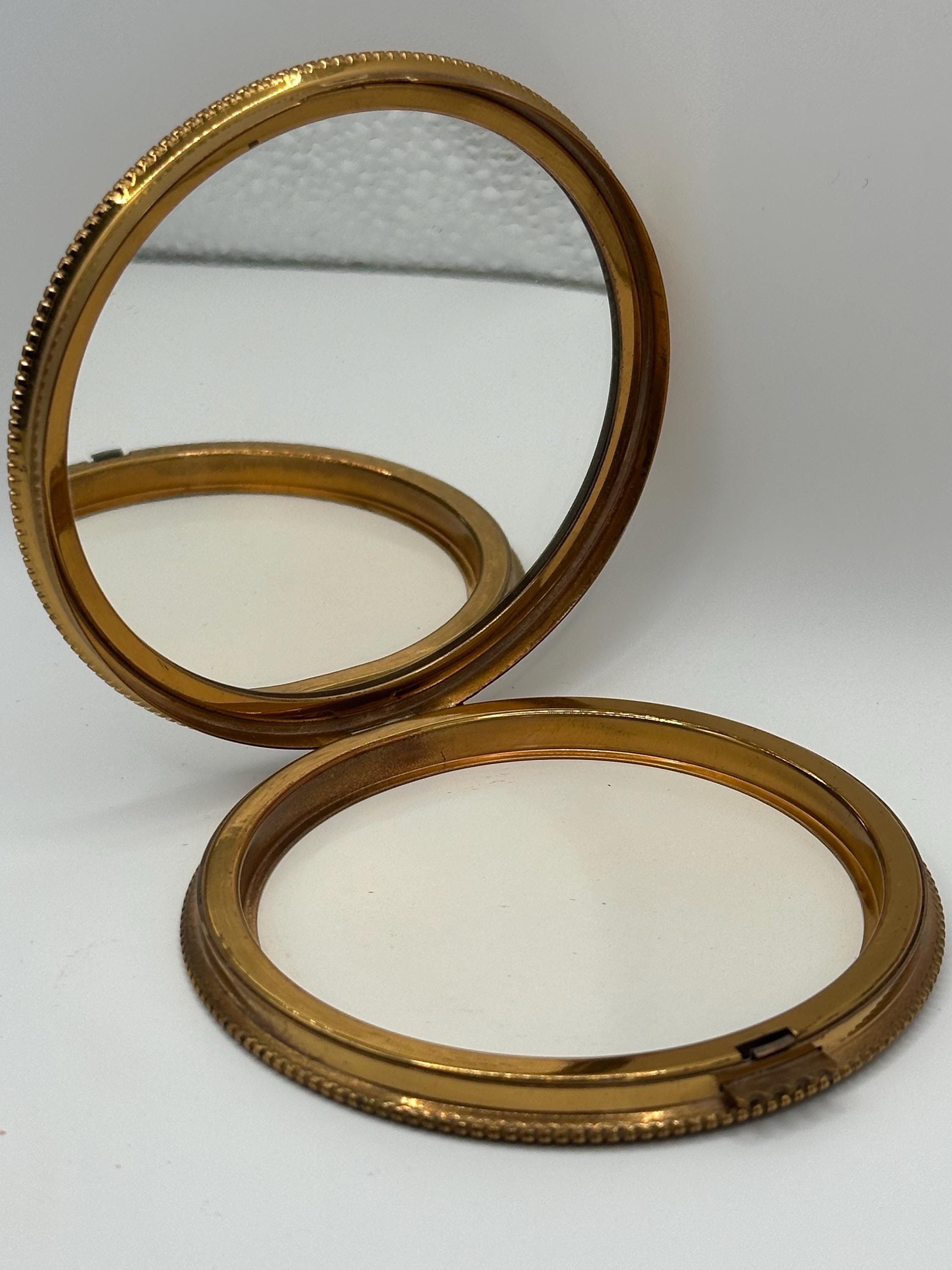 Vintage Art Deco Style Powder Compact – Gold Tone Filigree, Pink Enamel