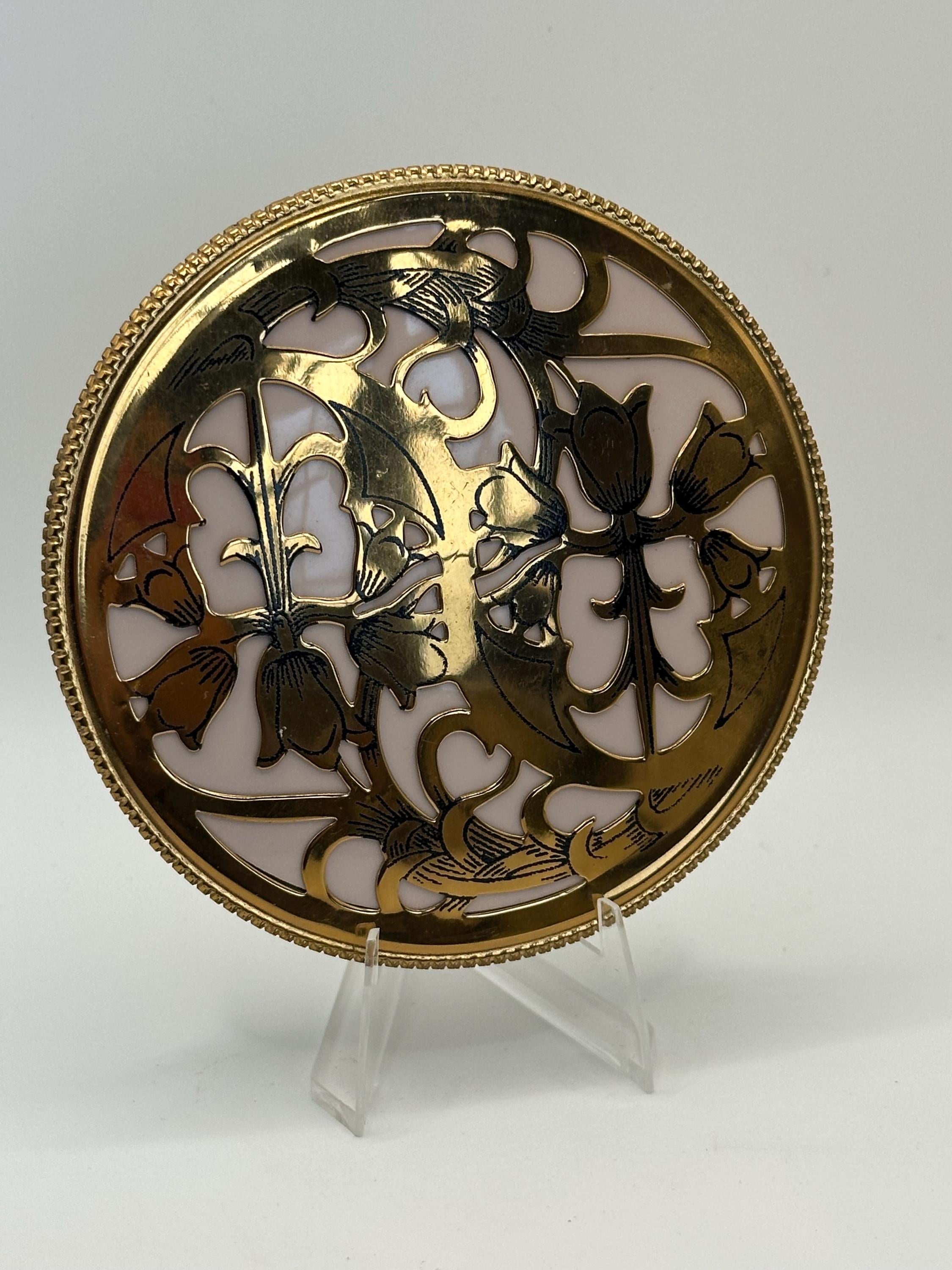 Vintage Art Deco Style Powder Compact – Gold Tone Filigree, Pink Enamel