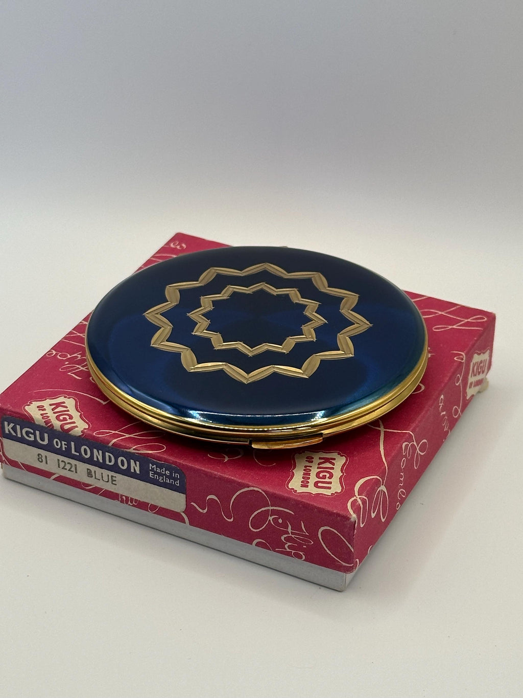 Vintage Kigu Powder Compact: Blue Enamel Starburst Design, Unused, Boxed