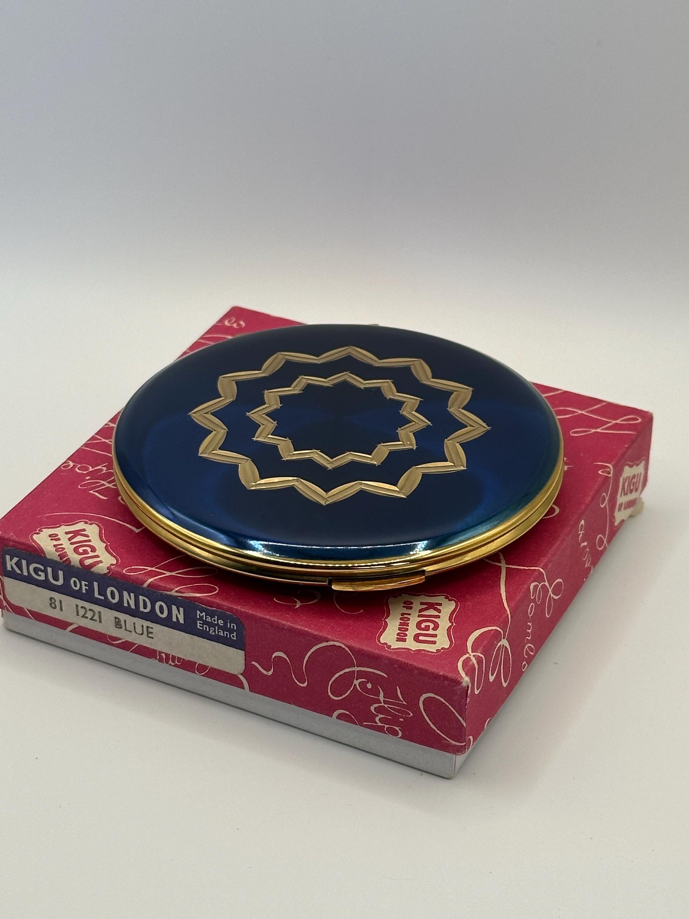 Vintage Kigu Powder Compact: Blue Enamel Starburst Design, Unused, Boxed