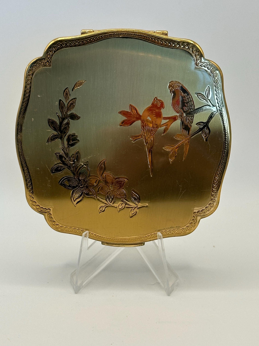 Vintage Melissa Gold-Tone Powder Compact – Birds & Floral Engraving