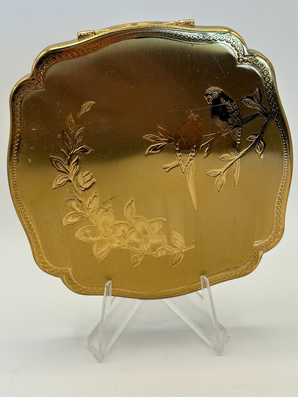 Vintage Melissa Gold-Tone Powder Compact – Birds & Floral Engraving