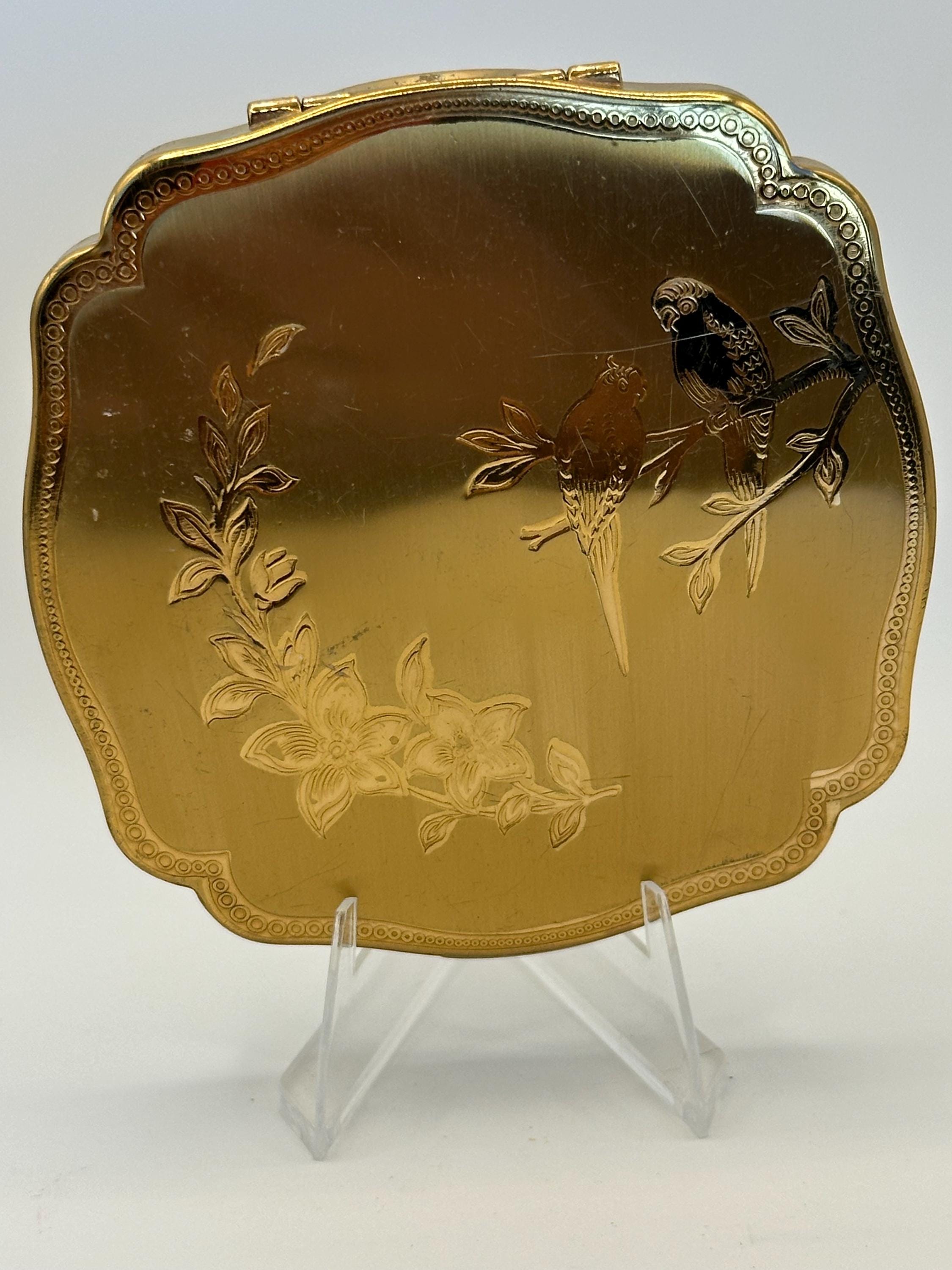 Vintage Melissa Gold-Tone Powder Compact – Birds & Floral Engraving