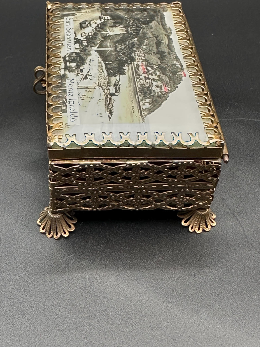 Vintage Ormolu Filigree Jewelry Box: San Sebastián Photo Lid, Trinket Box
