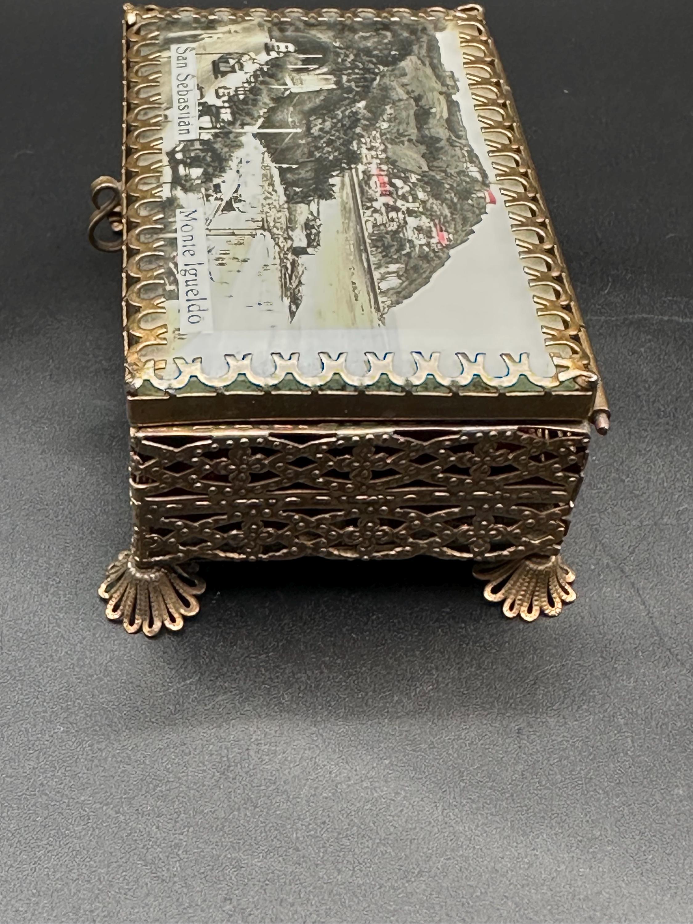 Vintage Ormolu Filigree Jewelry Box: San Sebastián Photo Lid, Trinket Box