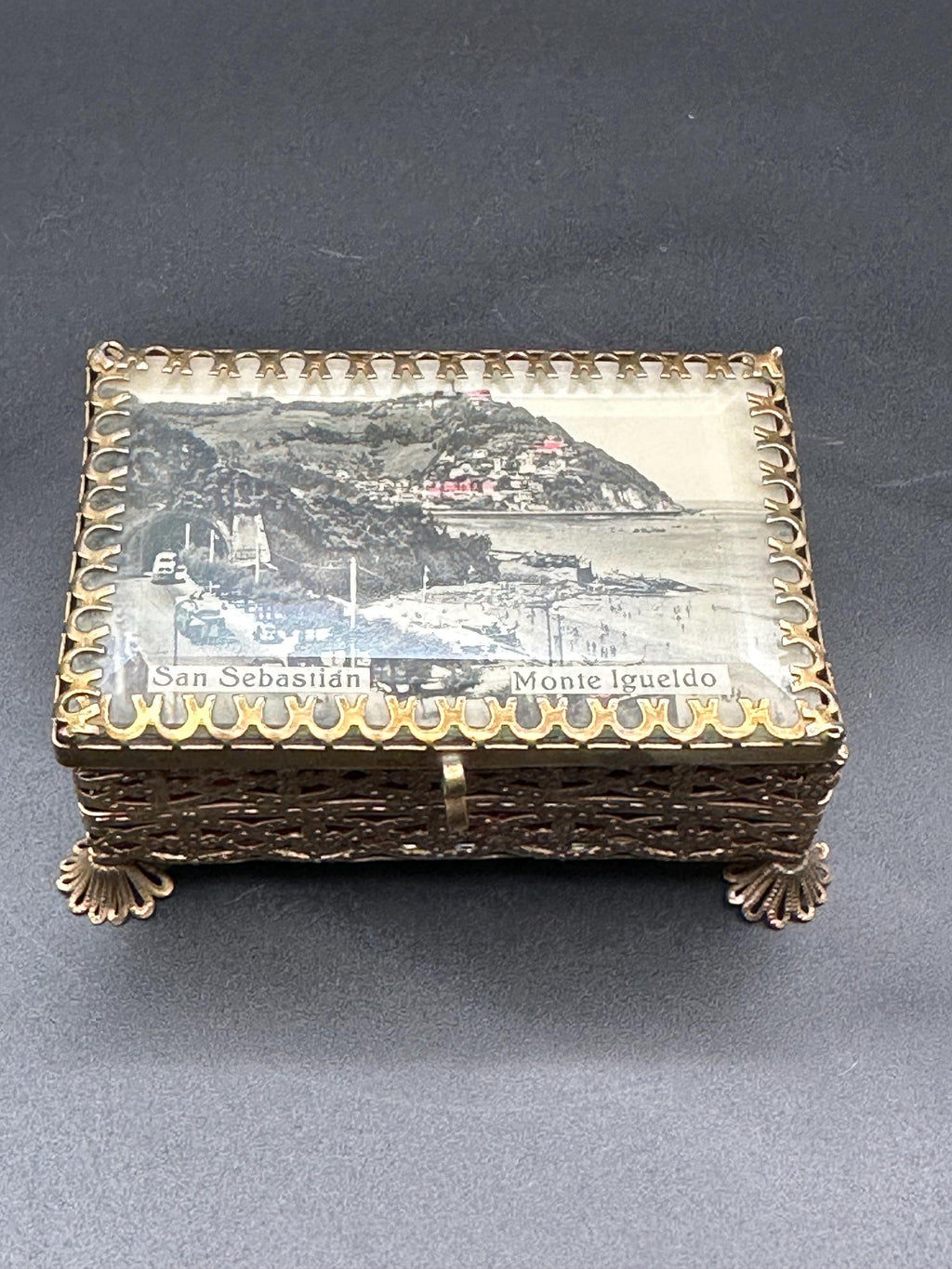 Vintage Ormolu Filigree Jewelry Box: San Sebastián Photo Lid, Trinket Box