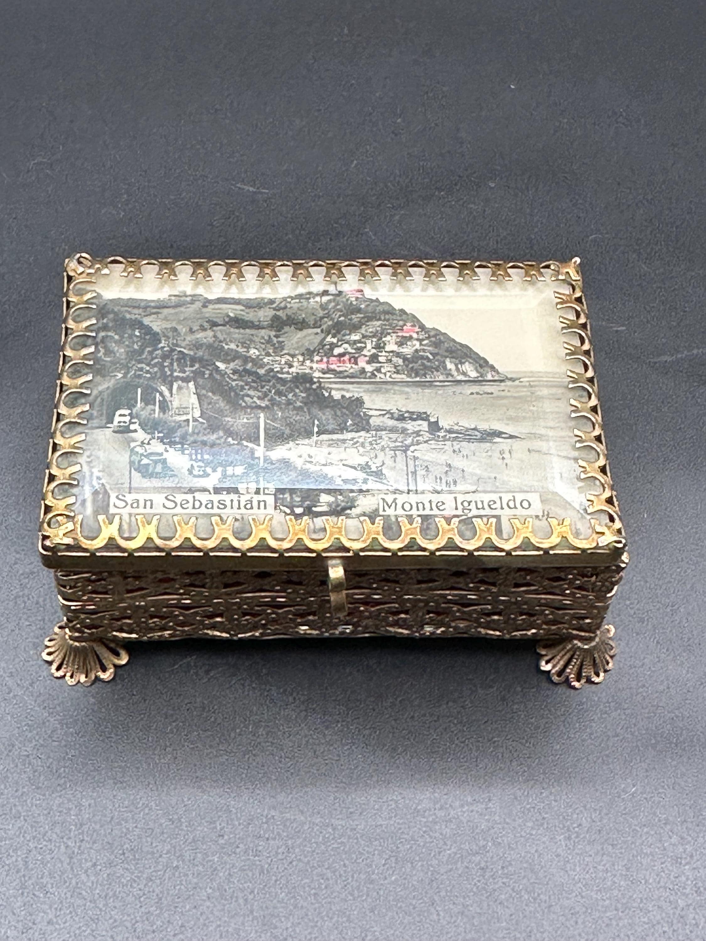 Vintage Ormolu Filigree Jewelry Box: San Sebastián Photo Lid, Trinket Box