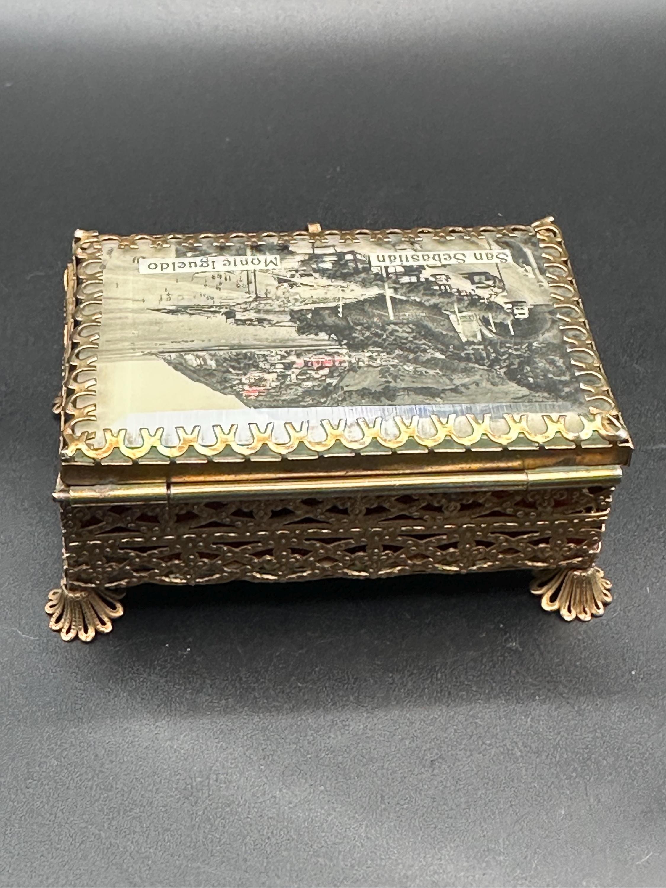 Vintage Ormolu Filigree Jewelry Box: San Sebastián Photo Lid, Trinket Box