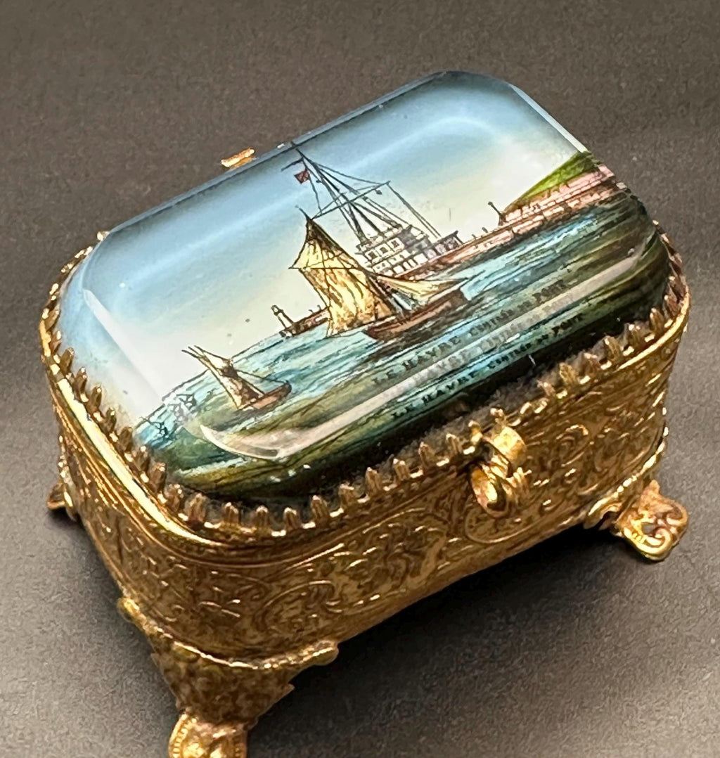 Antique French Ormolu Jewellery Casket: Églomisé Le Havre Port Scene Trinket Box