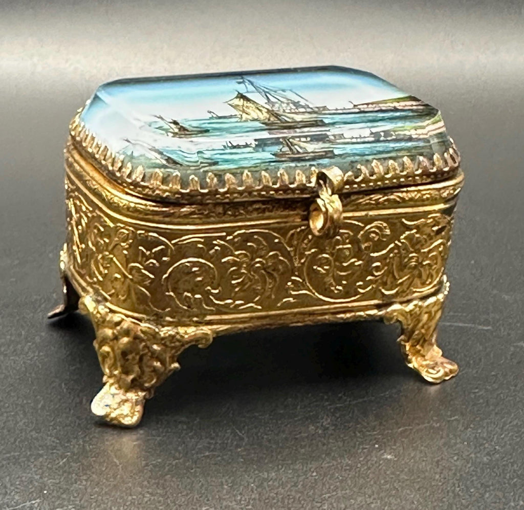 Antique French Ormolu Jewellery Casket: Églomisé Le Havre Port Scene Trinket Box