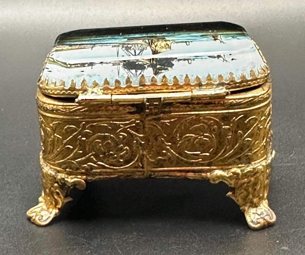 Antique French Ormolu Jewellery Casket: Églomisé Le Havre Port Scene Trinket Box