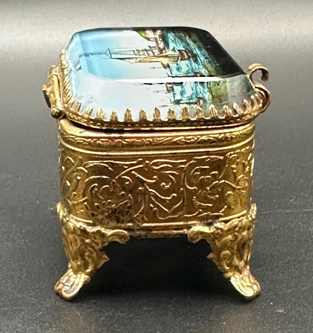 Antique French Ormolu Jewellery Casket: Églomisé Le Havre Port Scene Trinket Box