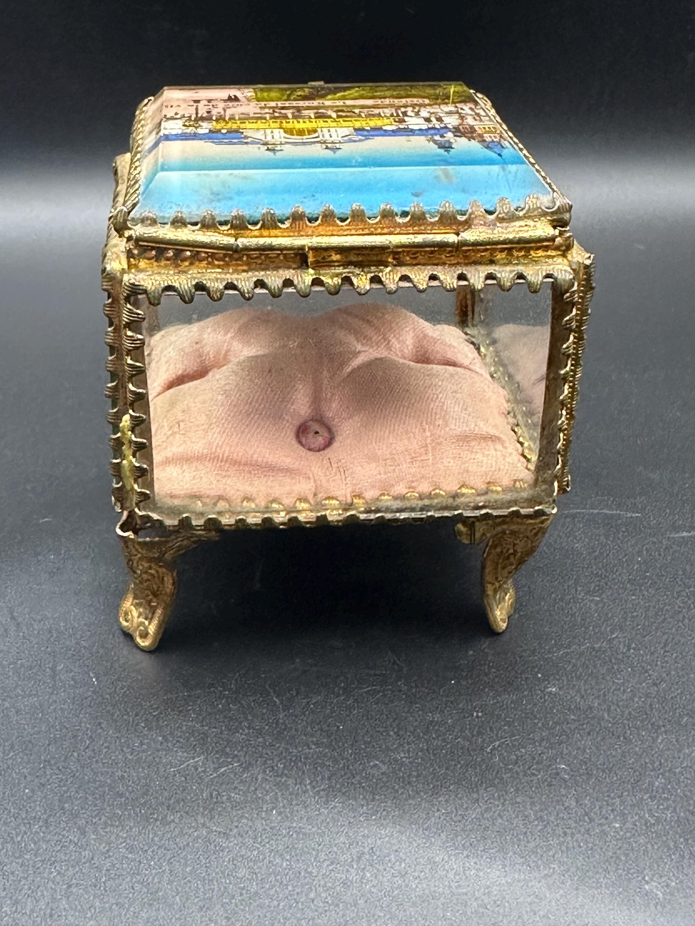 Antique Ormolu Jewellery Casket: Ostende Postcard Lid, Trinket Box (c. 1900-1915)