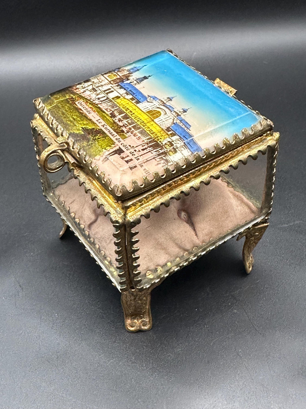 Antique Ormolu Jewellery Casket: Ostende Postcard Lid, Trinket Box (c. 1900-1915)