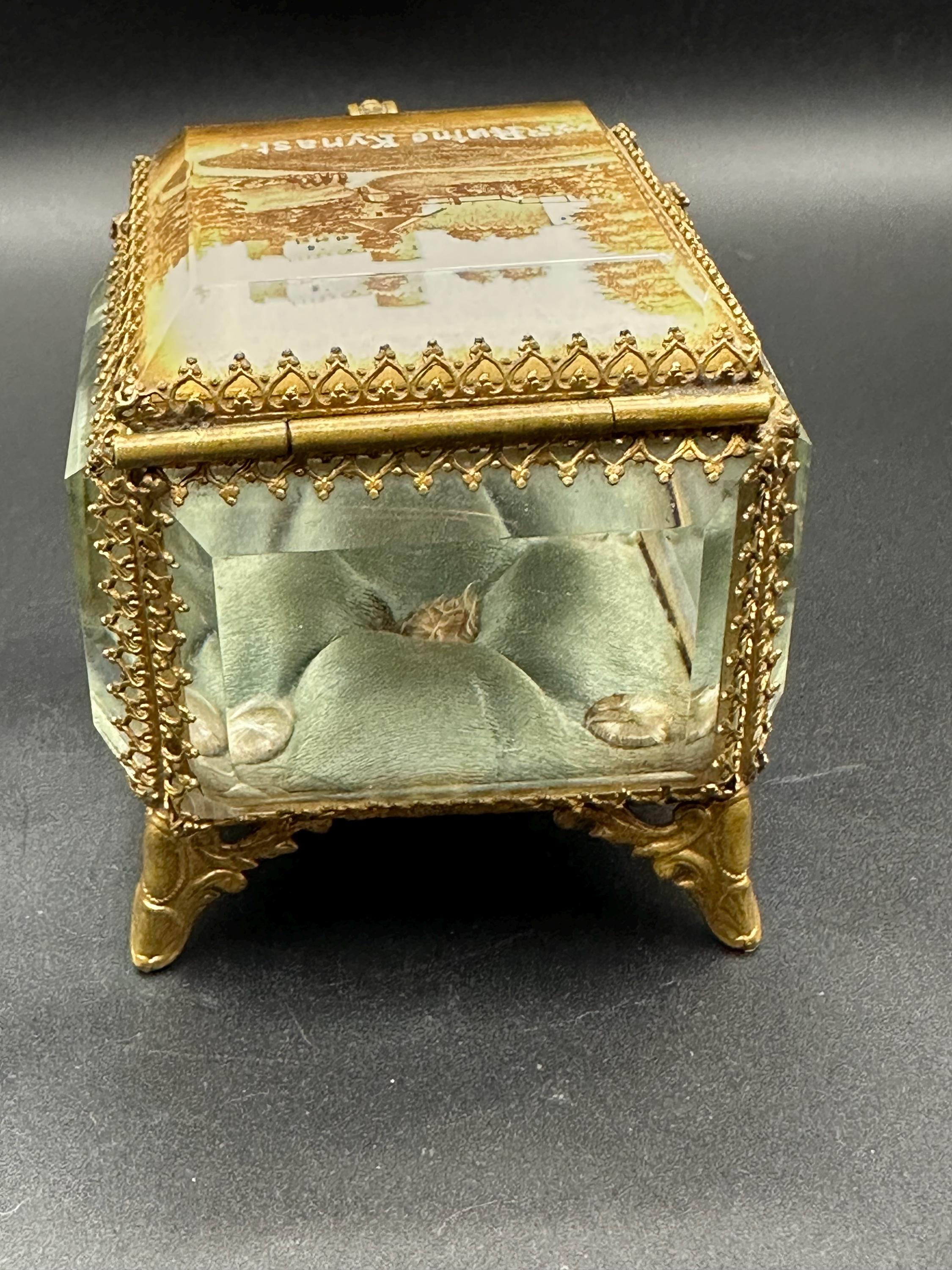 Antique Ormolu Jewellery Casket: Ruine Kynast Bevelled Glass Trinket Box