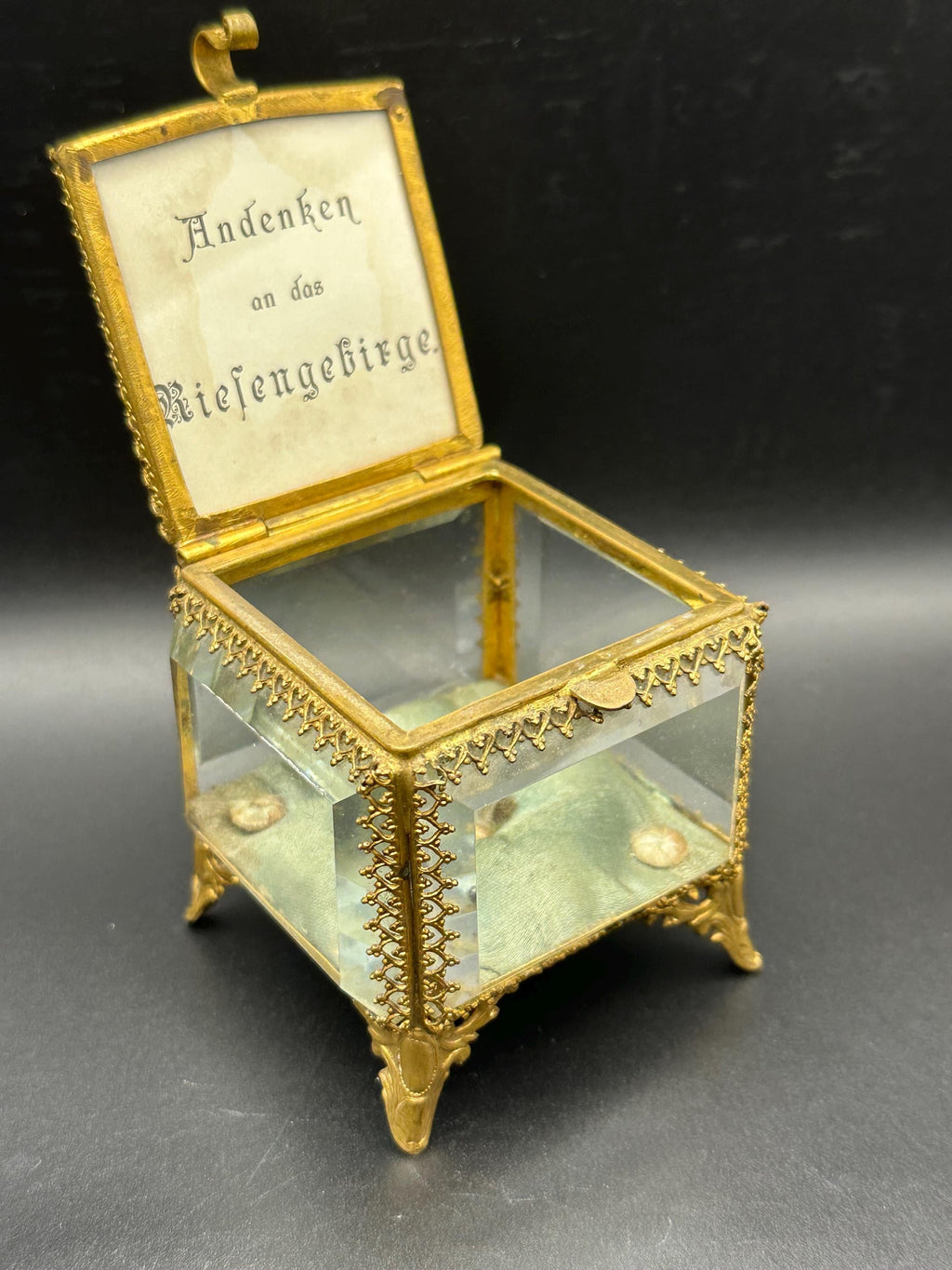 Antique Ormolu Jewellery Casket: Ruine Kynast Bevelled Glass Trinket Box