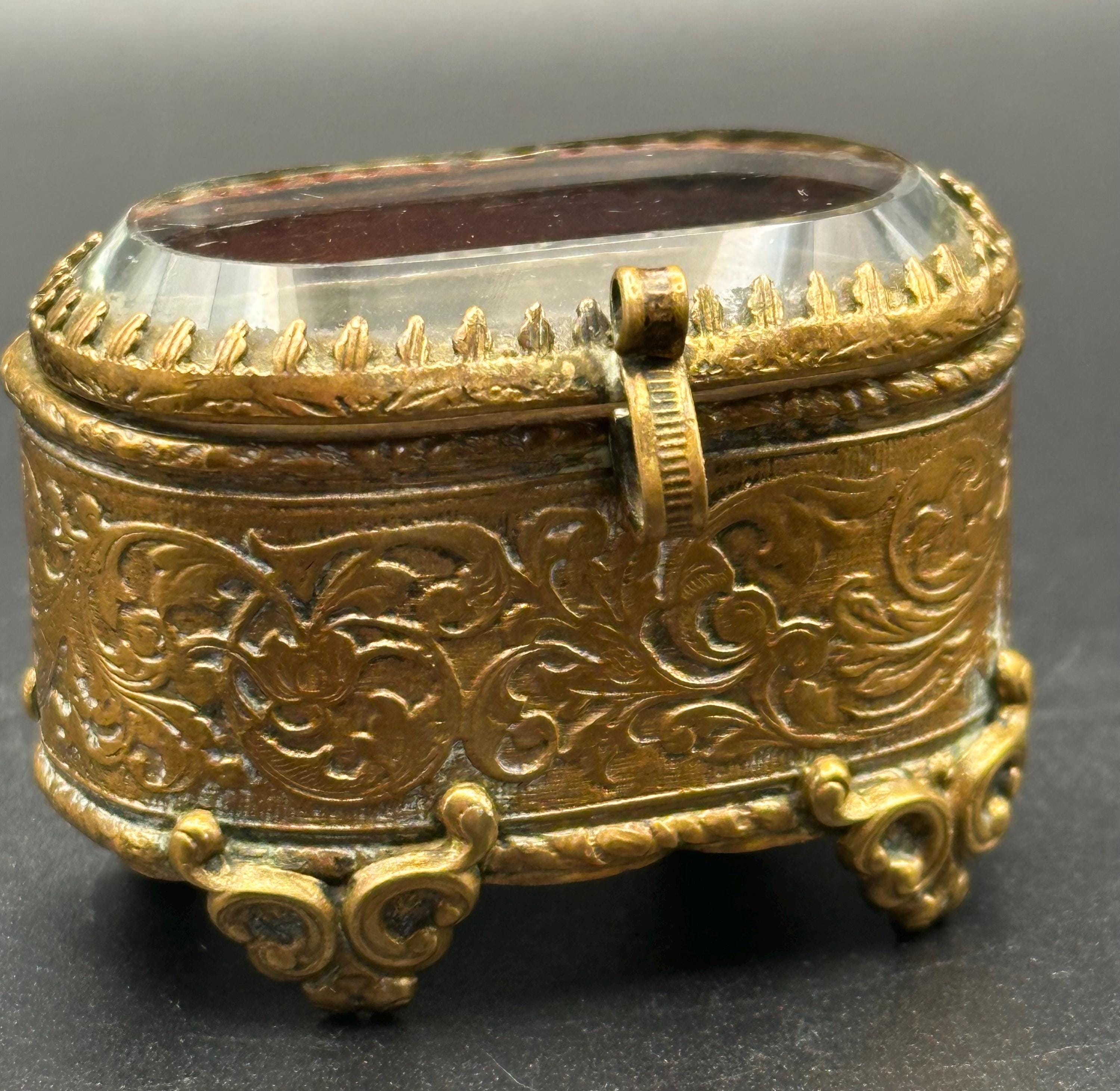 Antique French Ormolu Jewellery Casket: Bevelled Glass Lid, Trinket Box