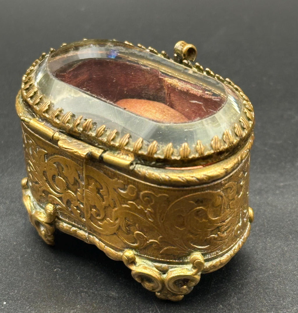 Antique French Ormolu Jewellery Casket: Bevelled Glass Lid, Trinket Box
