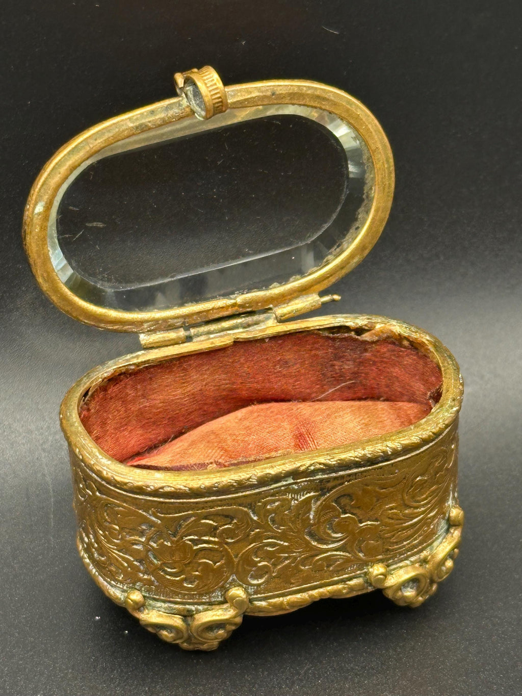 Antique French Ormolu Jewellery Casket: Bevelled Glass Lid, Trinket Box