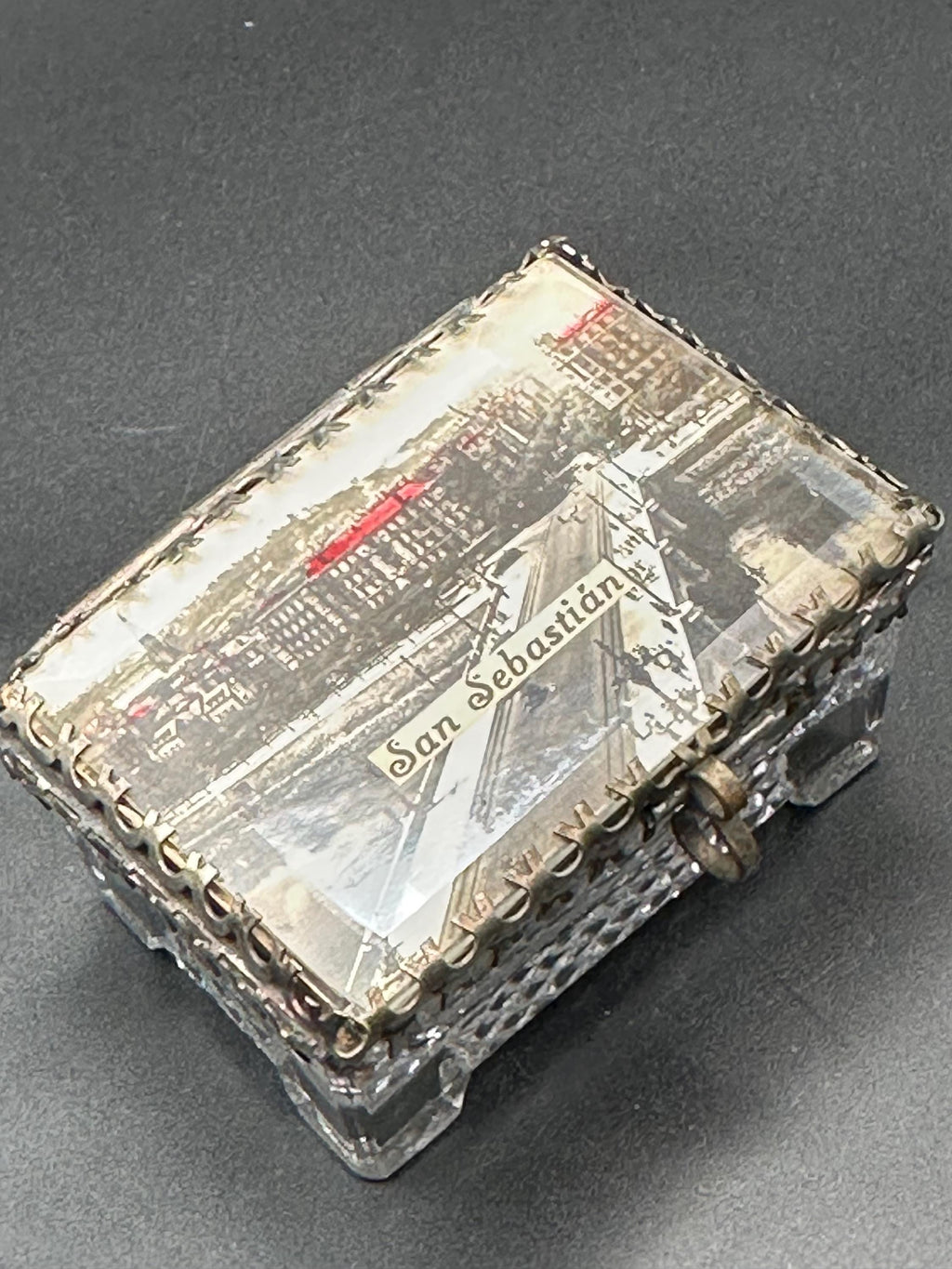Antique Pressed Glass Jewellery Casket: San Sebastián Postcard Lid, Trinket Box
