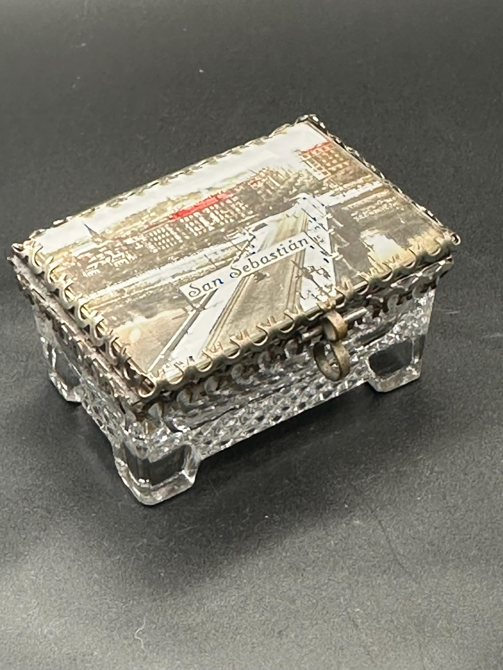 Antique Pressed Glass Jewellery Casket: San Sebastián Postcard Lid, Trinket Box