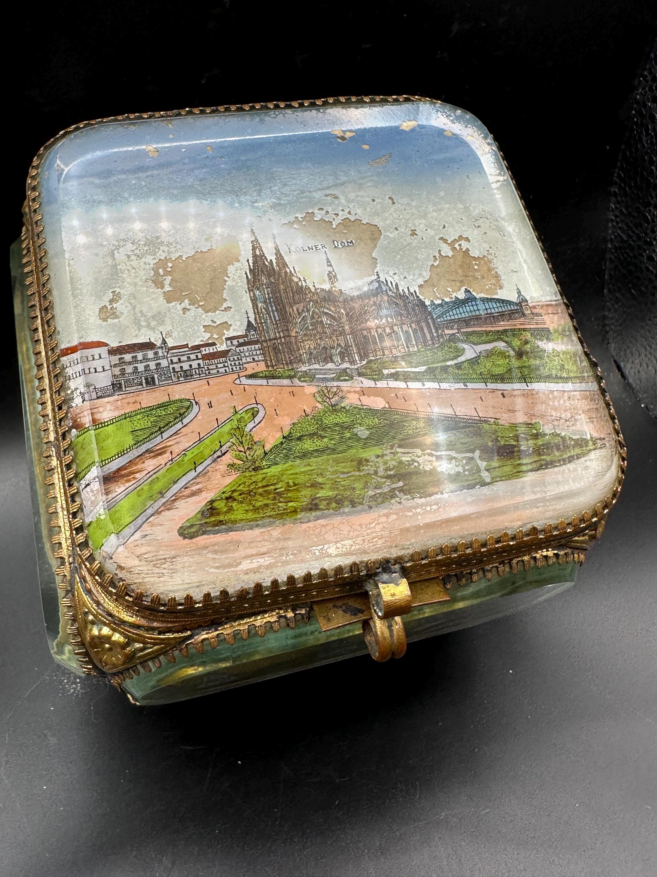 Antique Ormolu Jewellery Casket: Cologne Cathedral Landmark Lid Trinket Box