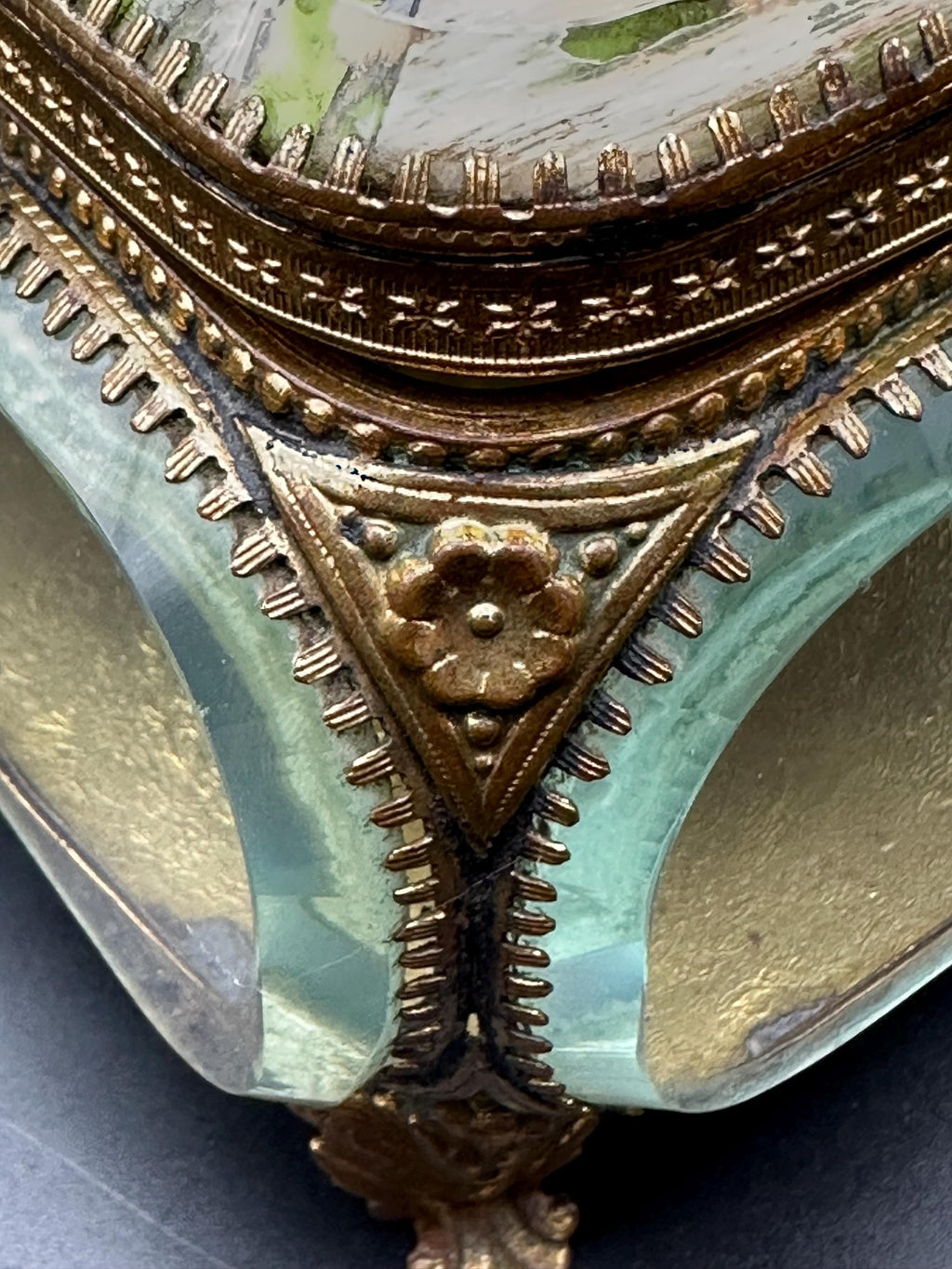 Antique Ormolu Jewellery Casket: Cologne Cathedral Landmark Lid Trinket Box