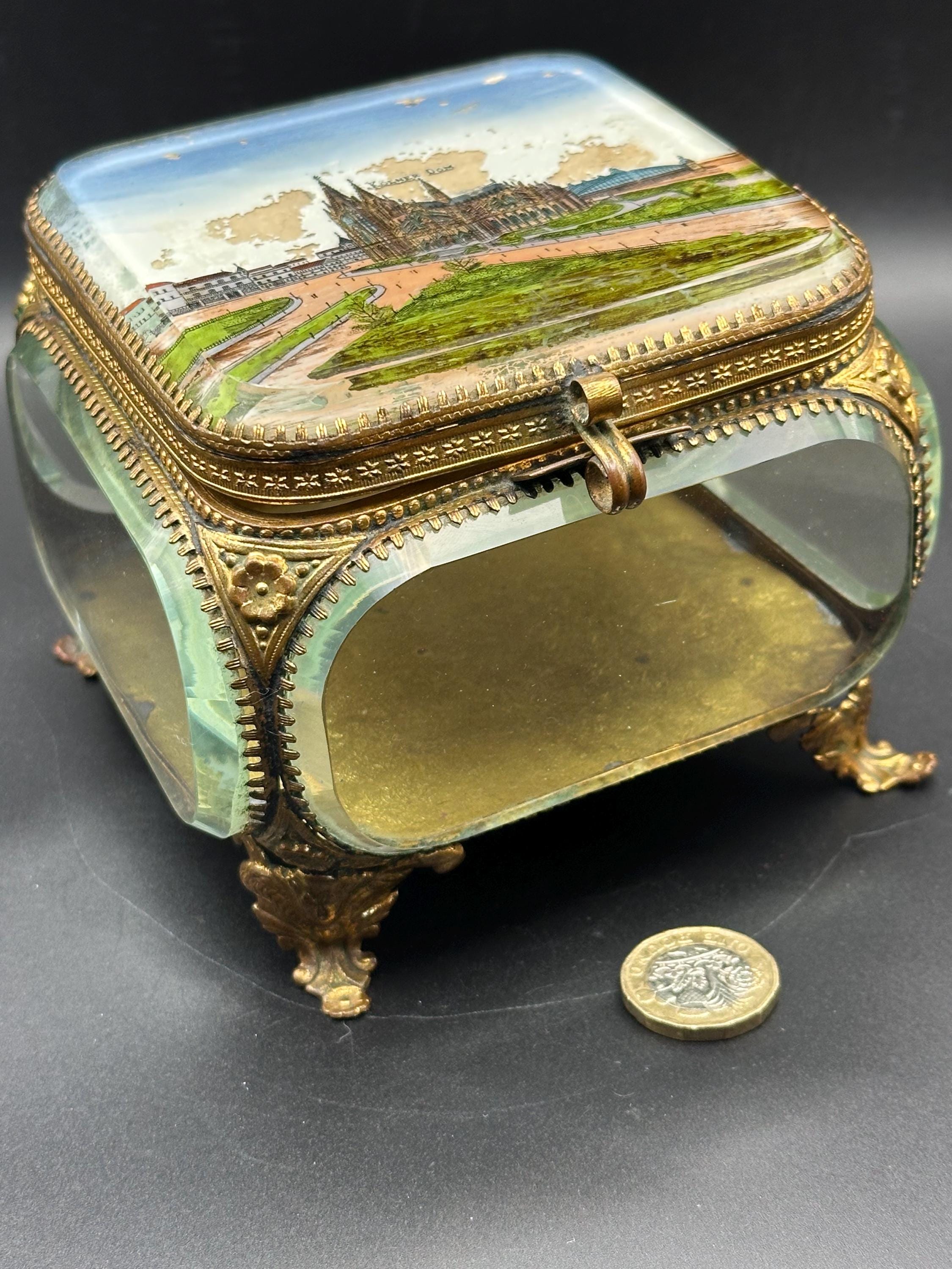 Antique Ormolu Jewellery Casket: Cologne Cathedral Landmark Lid Trinket Box
