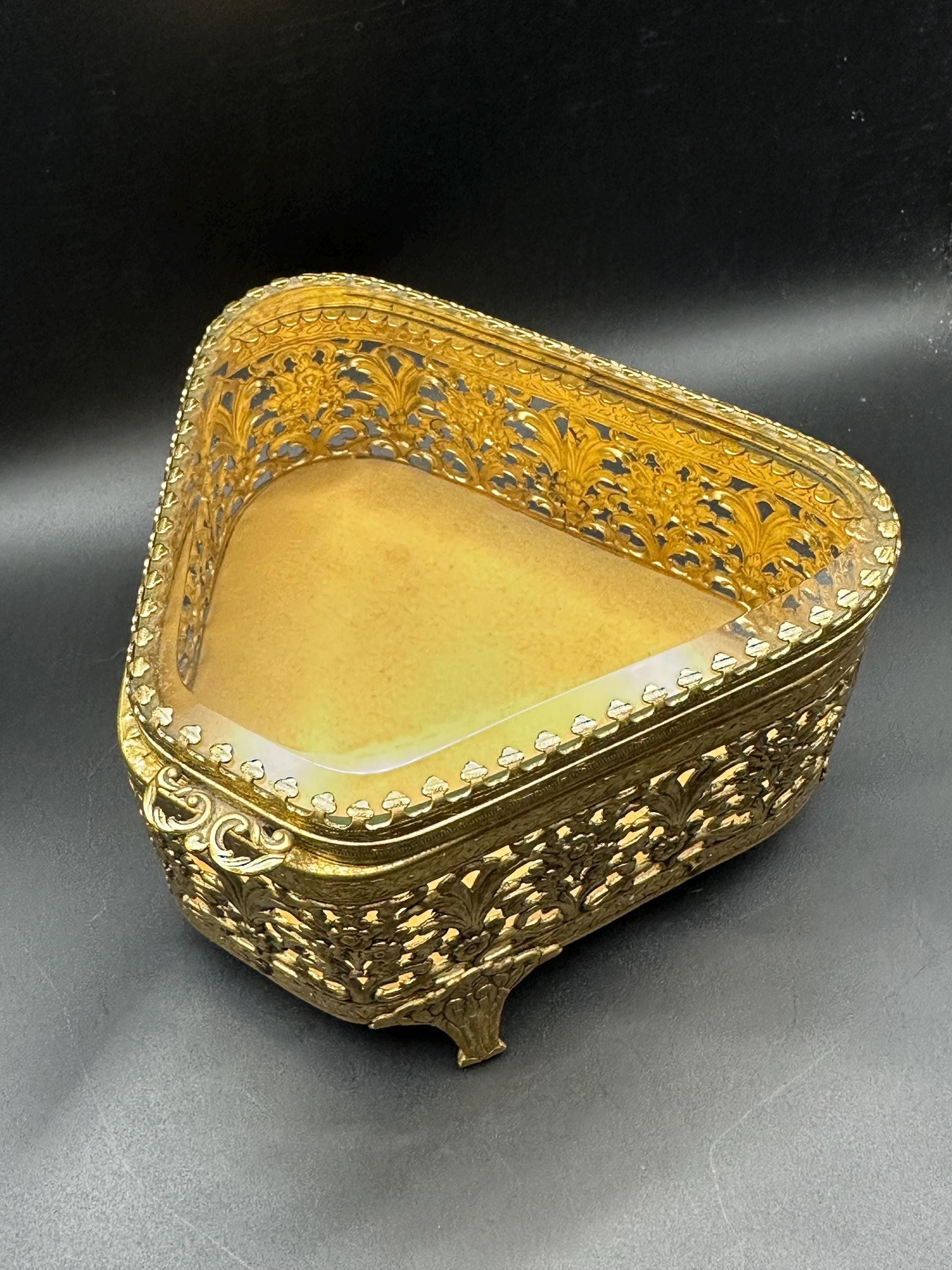 French Ormolu Filigree Jewellery Casket: Bevelled Glass Lid, Trinket Box