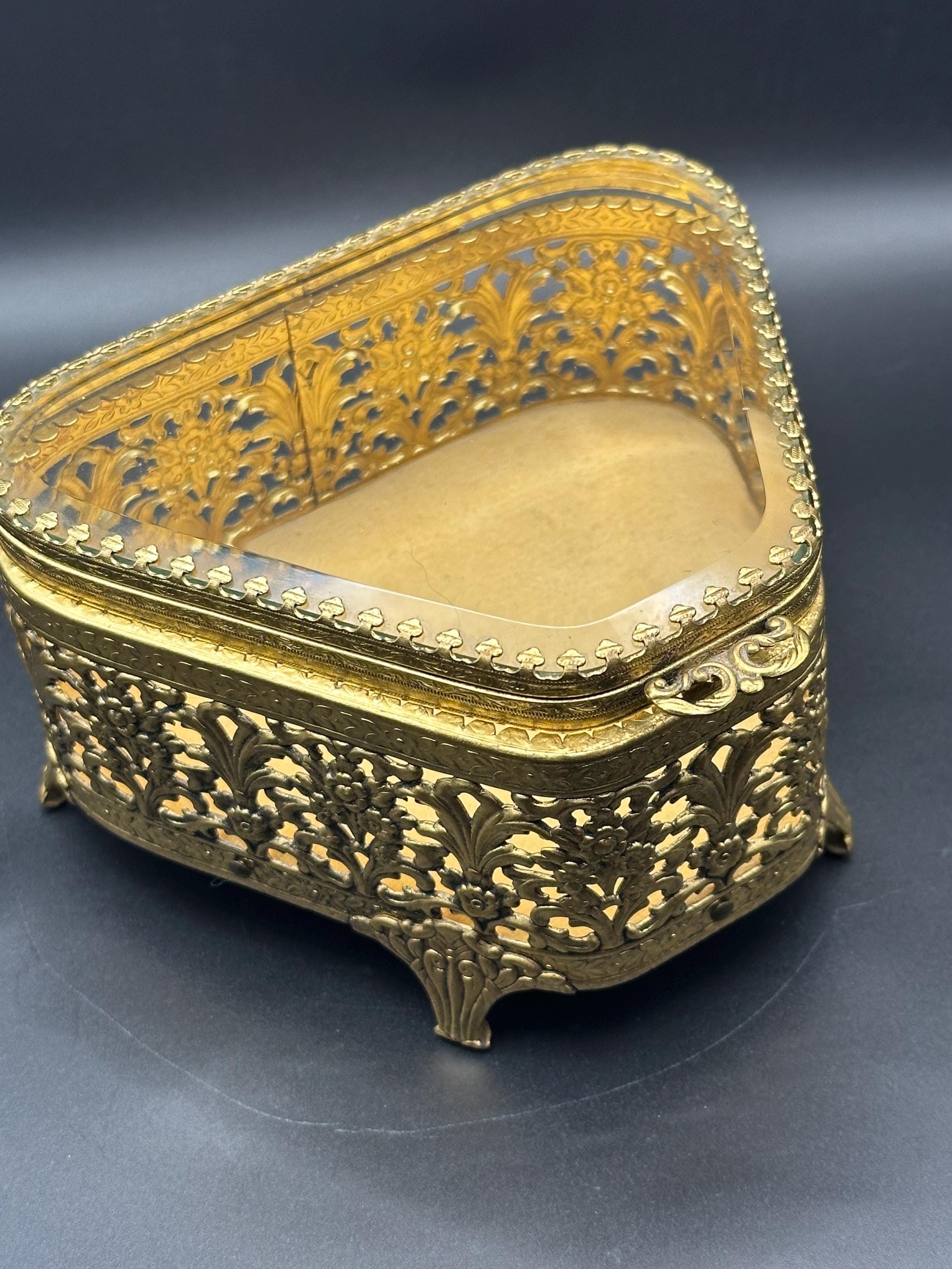 French Ormolu Filigree Jewellery Casket: Bevelled Glass Lid, Trinket Box