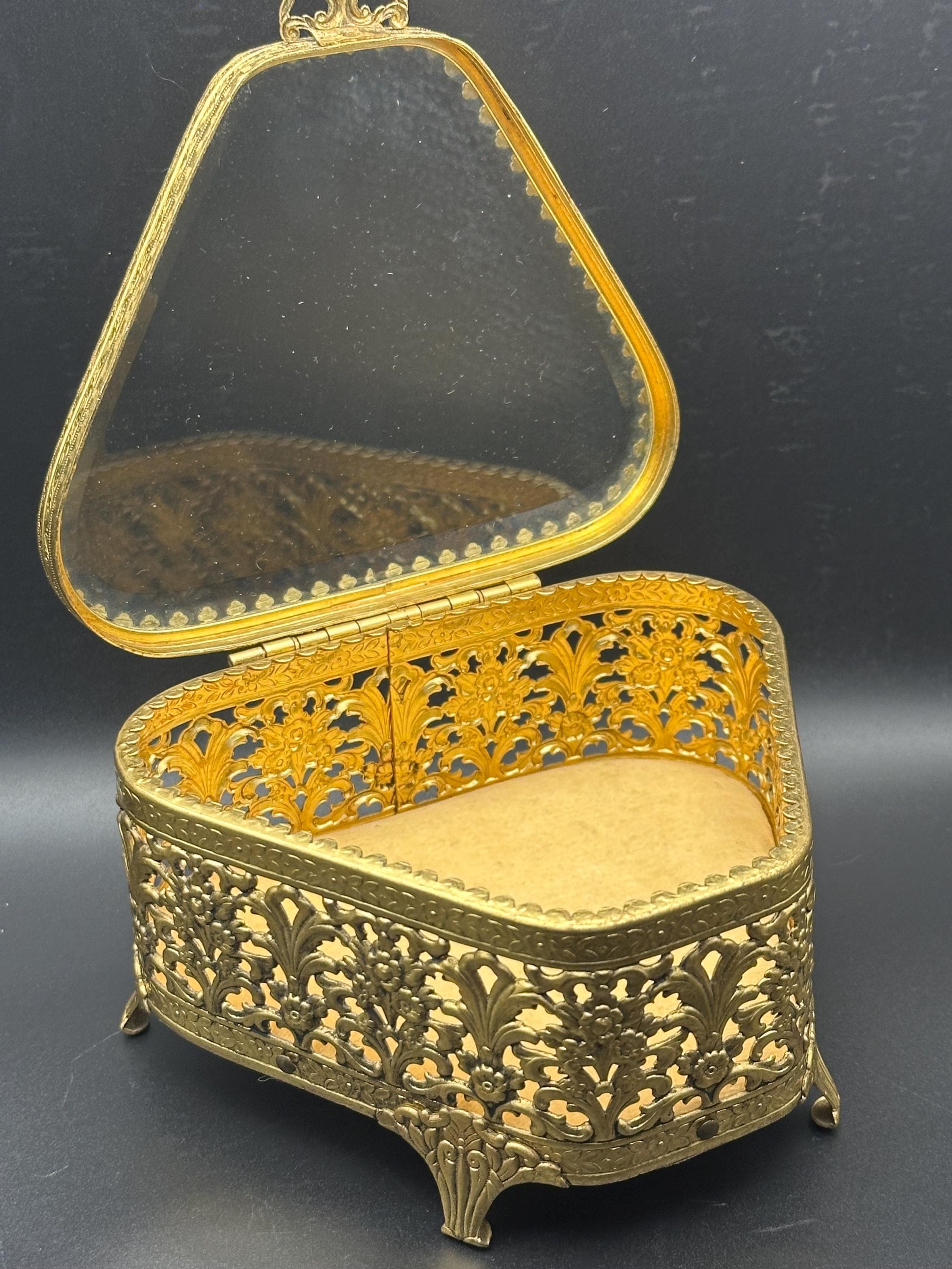 French Ormolu Filigree Jewellery Casket: Bevelled Glass Lid, Trinket Box
