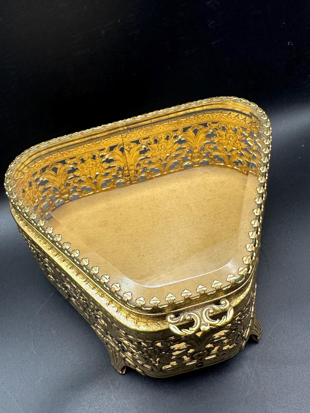 French Ormolu Filigree Jewellery Casket: Bevelled Glass Lid, Trinket Box