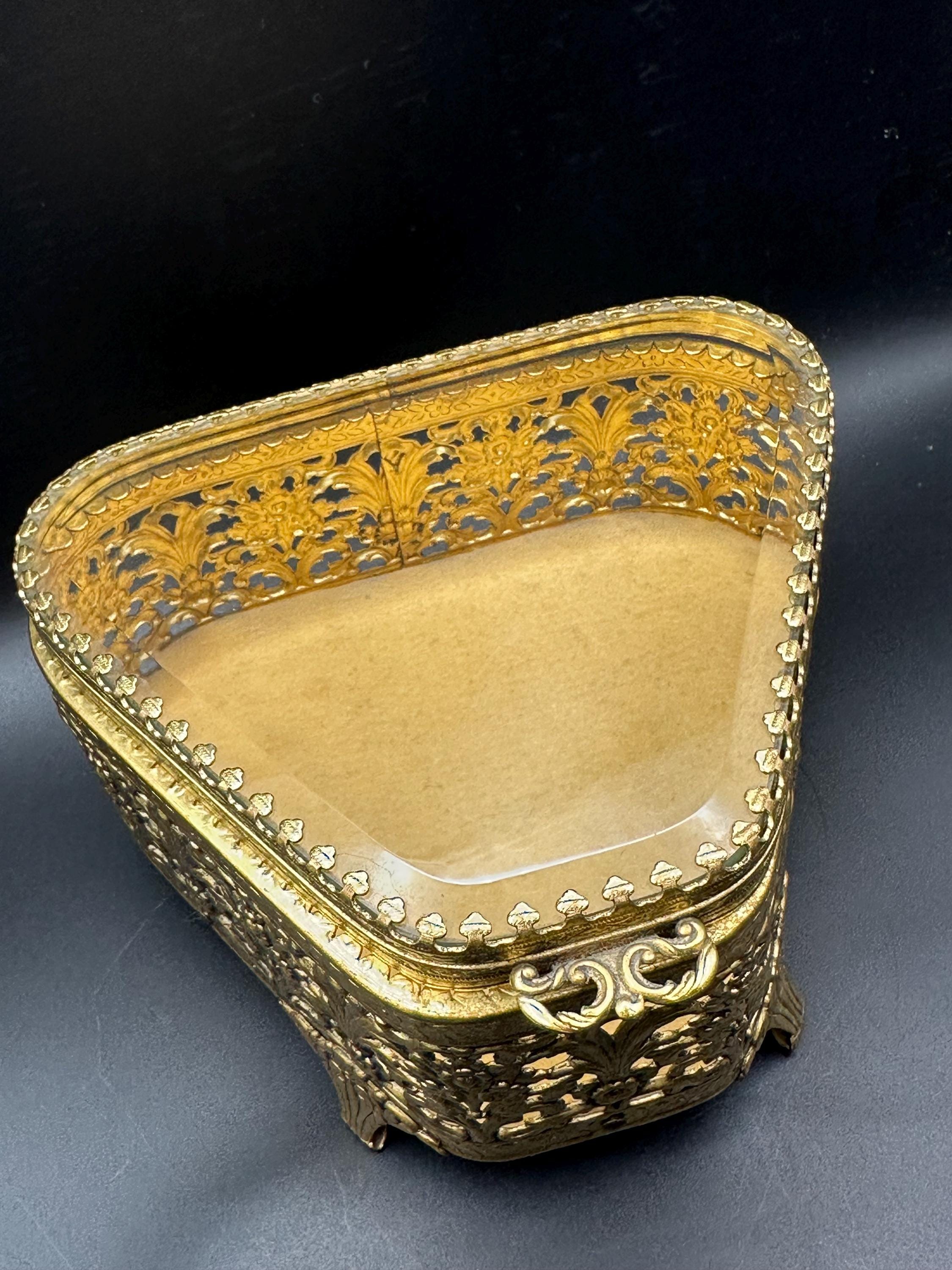 French Ormolu Filigree Jewellery Casket: Bevelled Glass Lid, Trinket Box