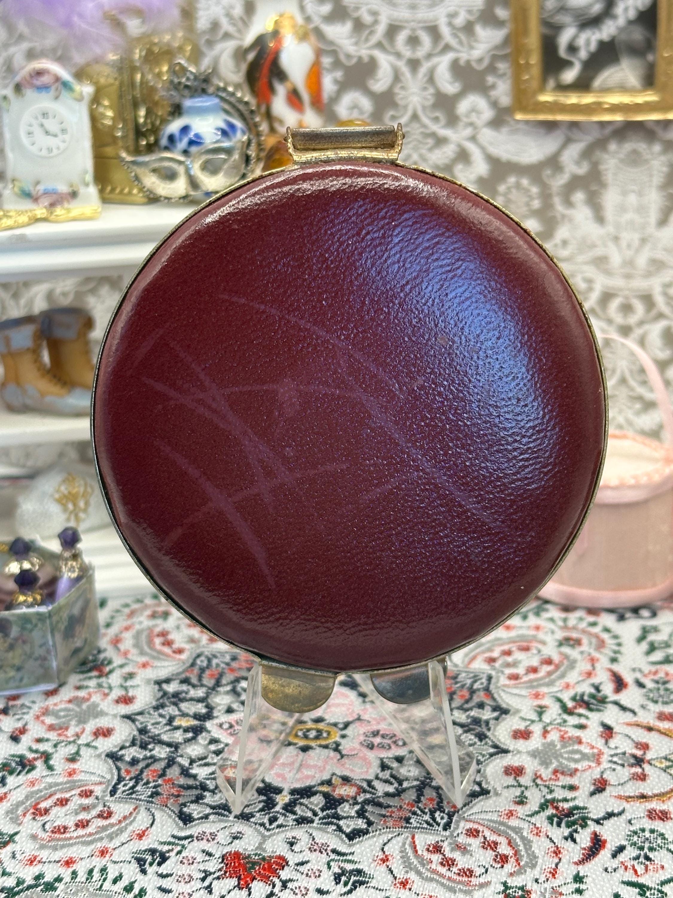 Vintage Burgundy Leather Powder Compact Ornate Border