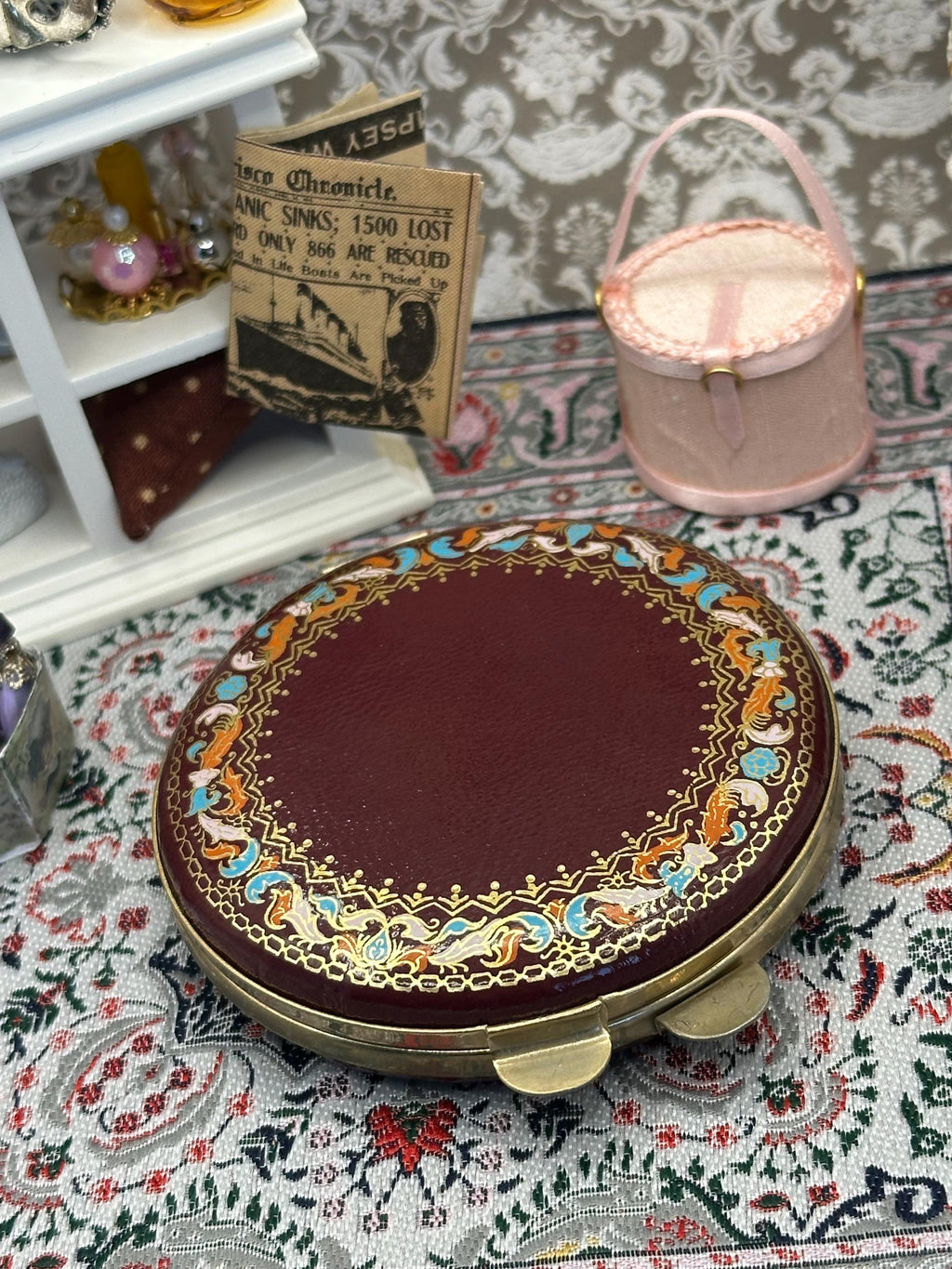Vintage Burgundy Leather Powder Compact Ornate Border