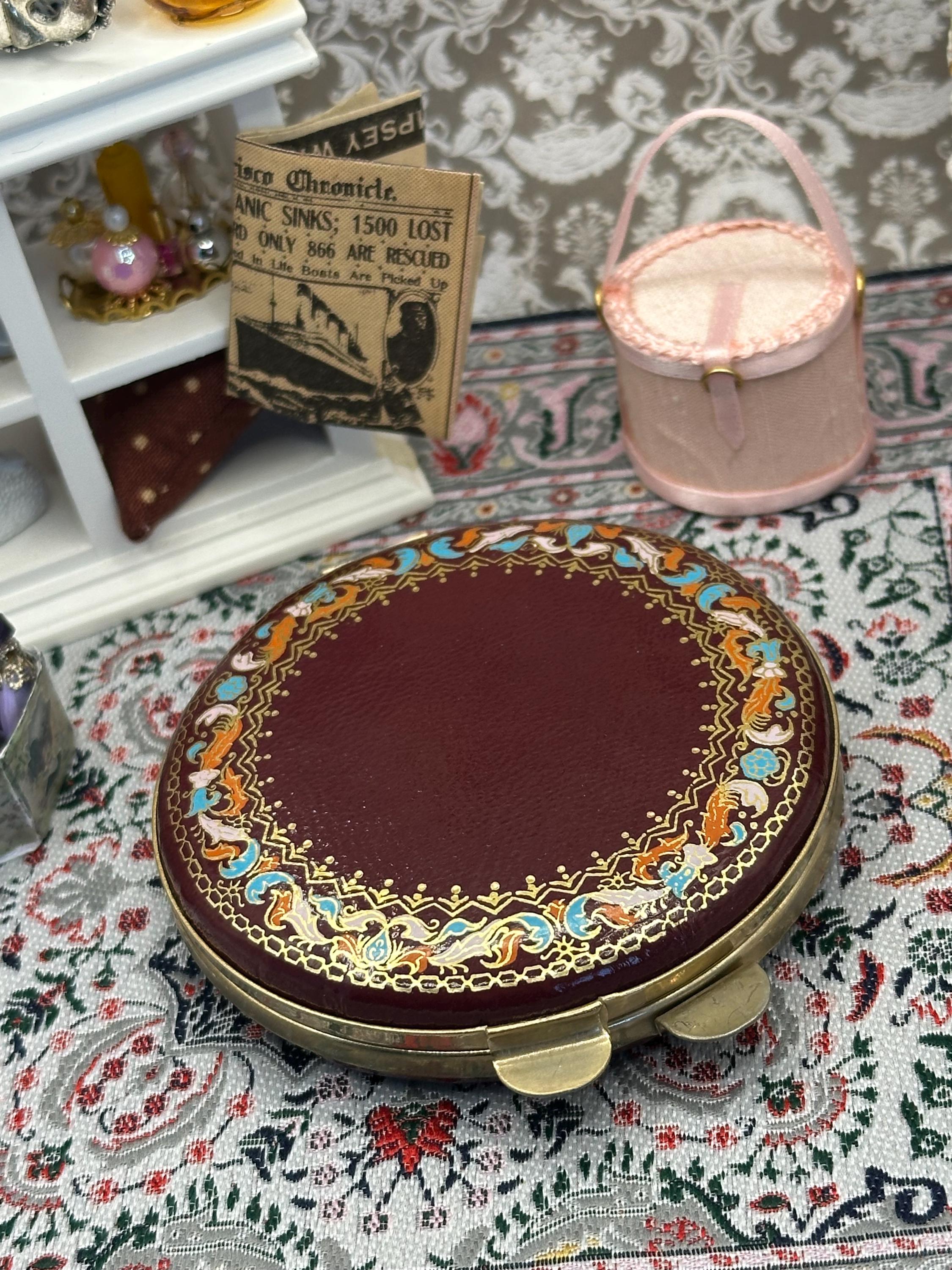 Vintage Burgundy Leather Powder Compact Ornate Border