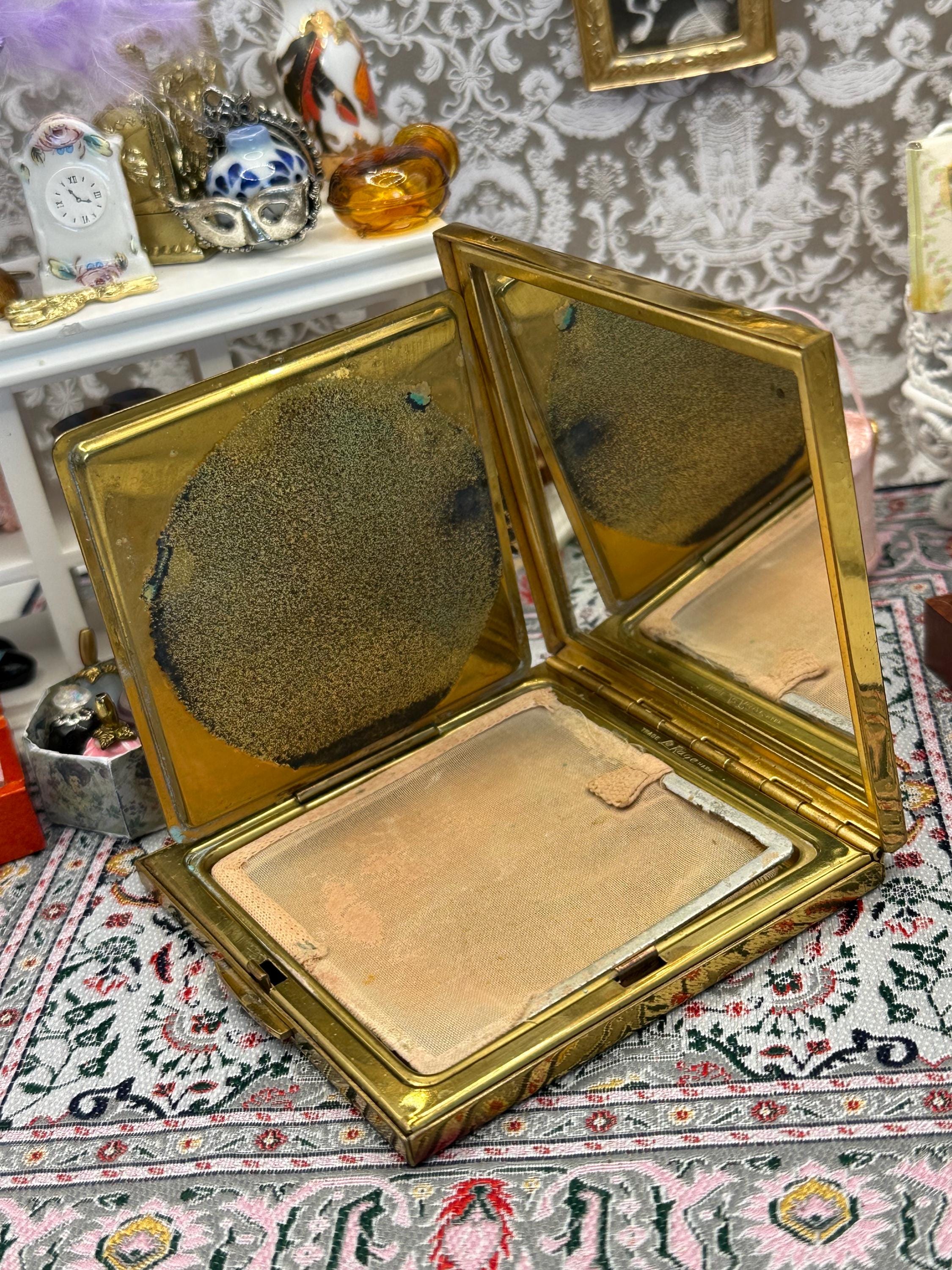 Vintage Le Rage Square Powder Compact – Black & Gold Floral, 7.5cm